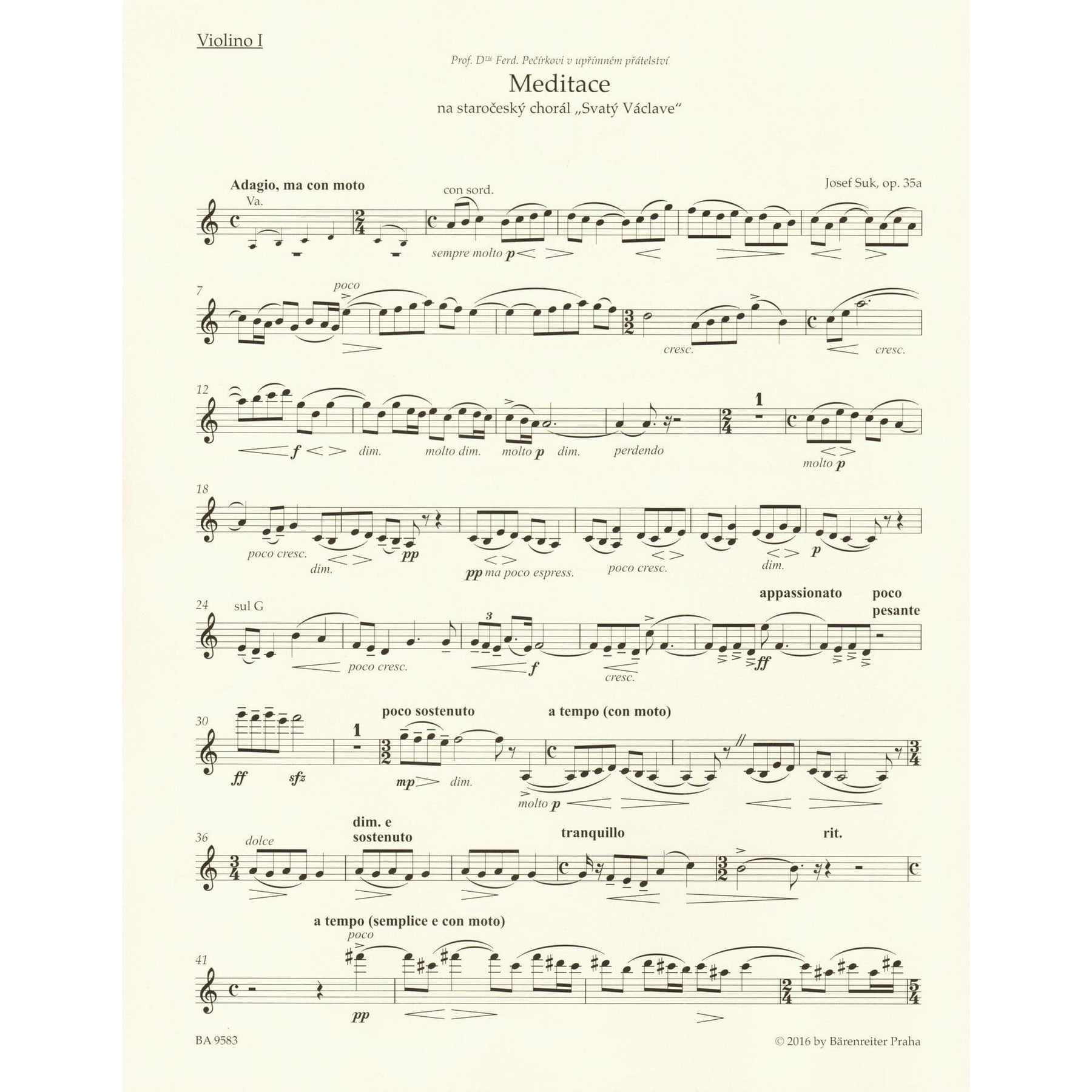 Suk, Josef - Meditation, Opus 35a - for String Quartet - edited by Zdenek Nouza - Barenreiter URTEXT