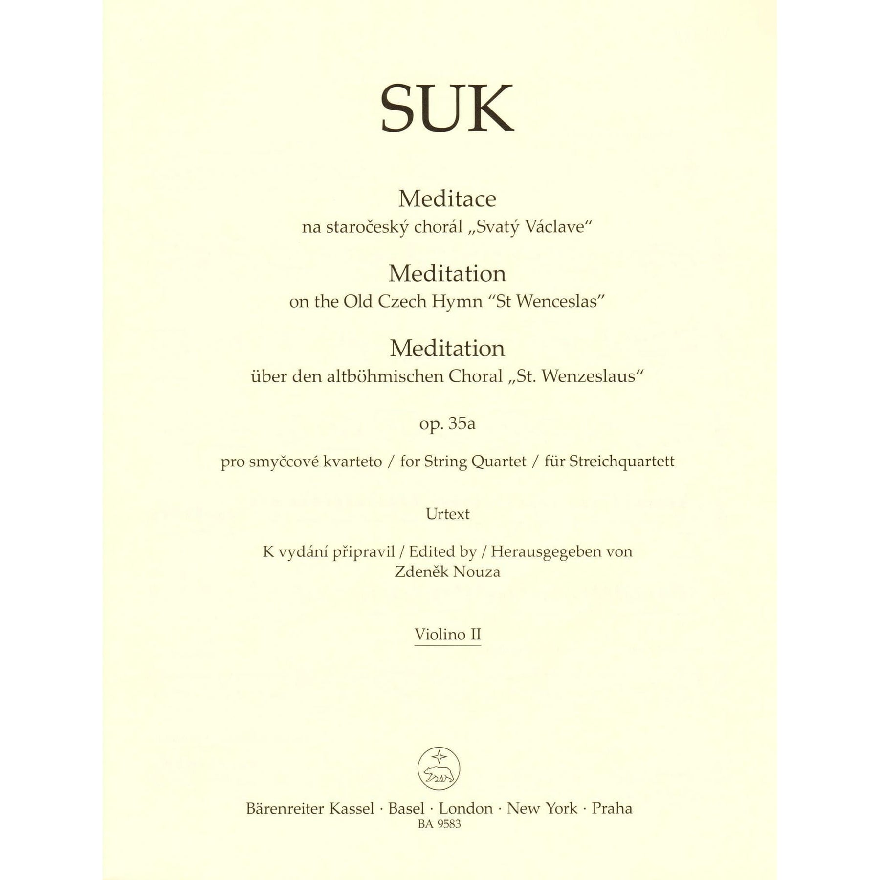 Suk, Josef - Meditation, Opus 35a - for String Quartet - edited by Zdenek Nouza - Barenreiter URTEXT