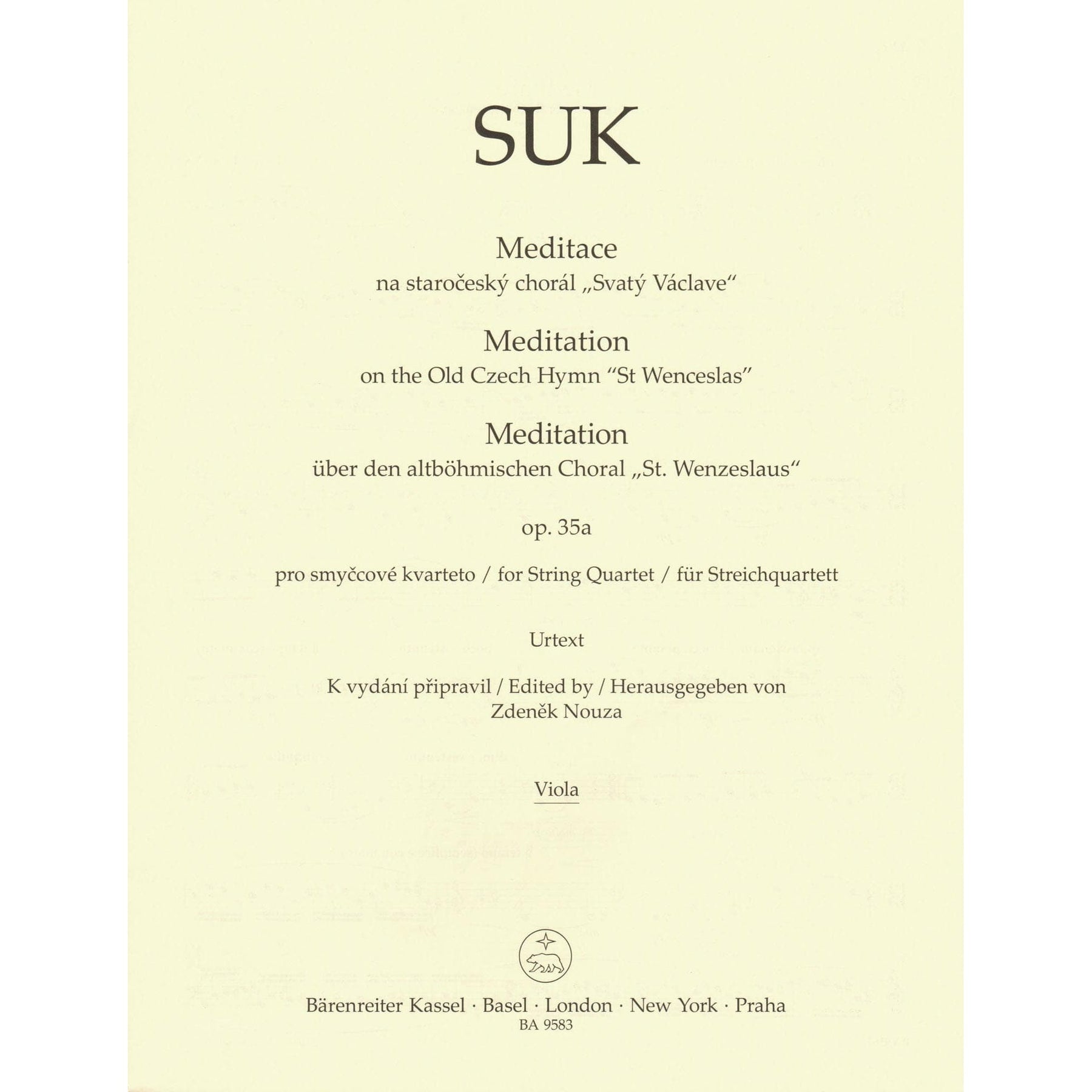 Suk, Josef - Meditation, Opus 35a - for String Quartet - edited by Zdenek Nouza - Barenreiter URTEXT