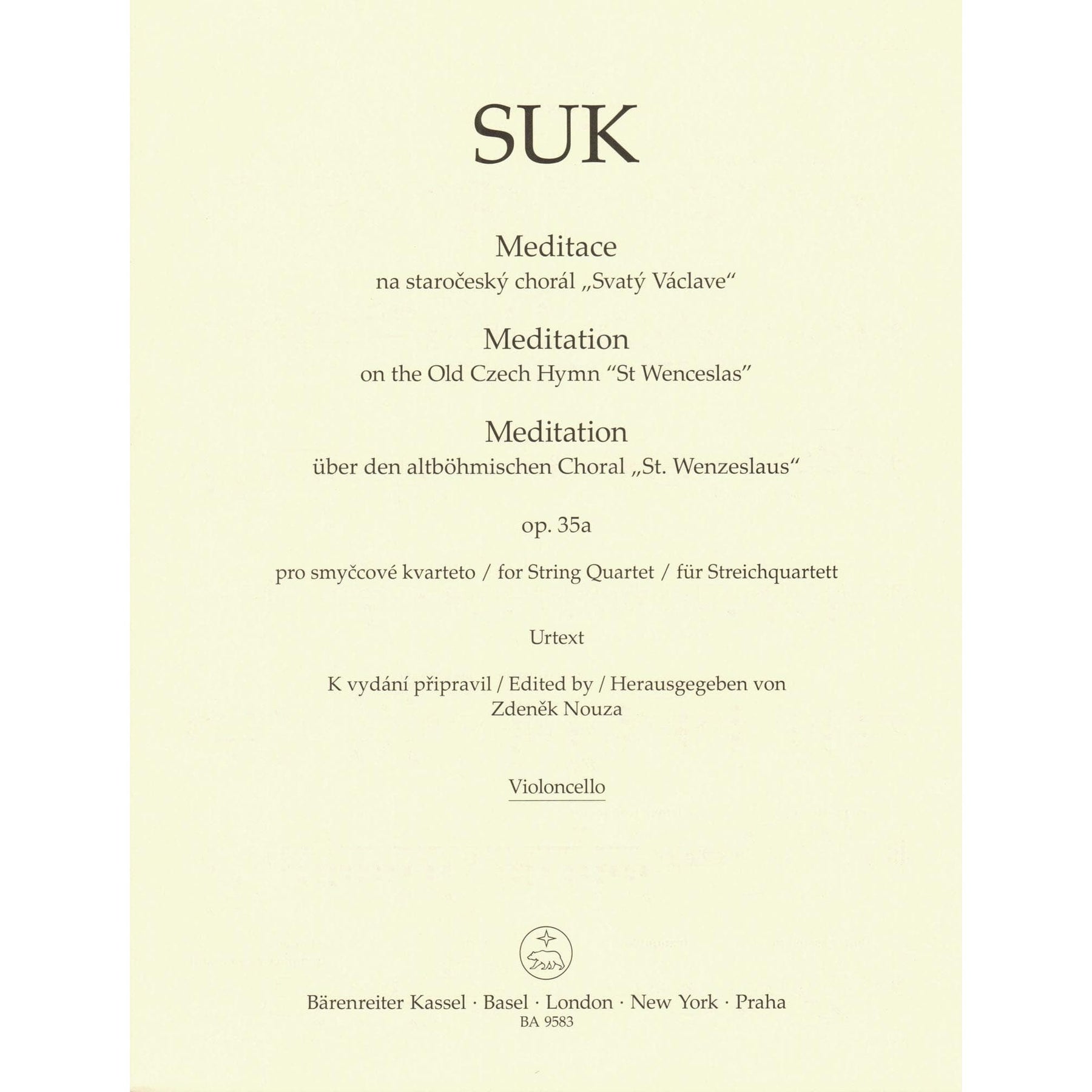 Suk, Josef - Meditation, Opus 35a - for String Quartet - edited by Zdenek Nouza - Barenreiter URTEXT