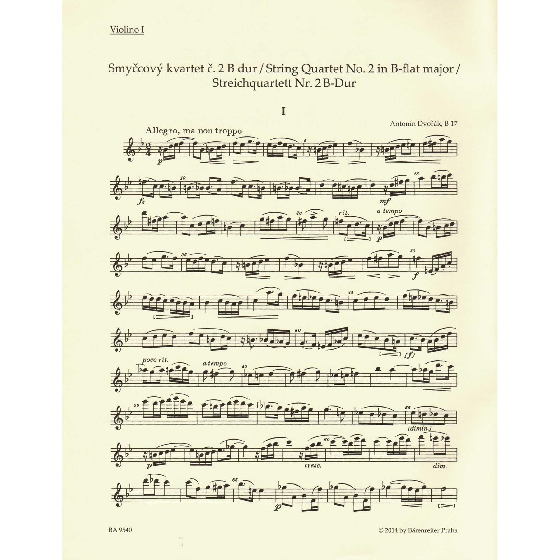Dvorak, Antonin - String Quartet No. 2 in B-flat Major - Parts Only - edited by Pokorny and Solc - Barenreiter URTEXT