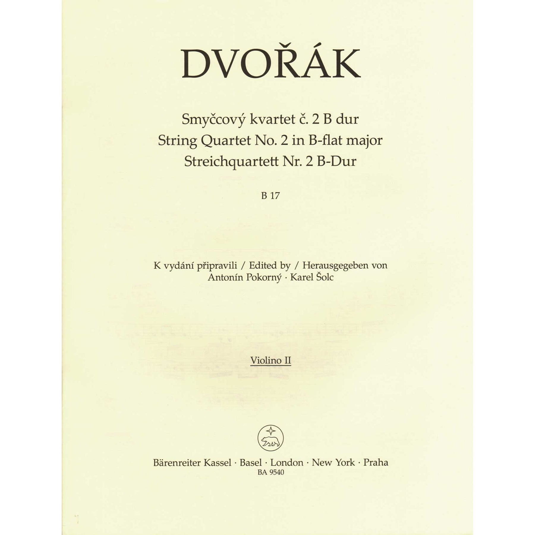Dvorak, Antonin - String Quartet No. 2 in B-flat Major - Parts Only - edited by Pokorny and Solc - Barenreiter URTEXT