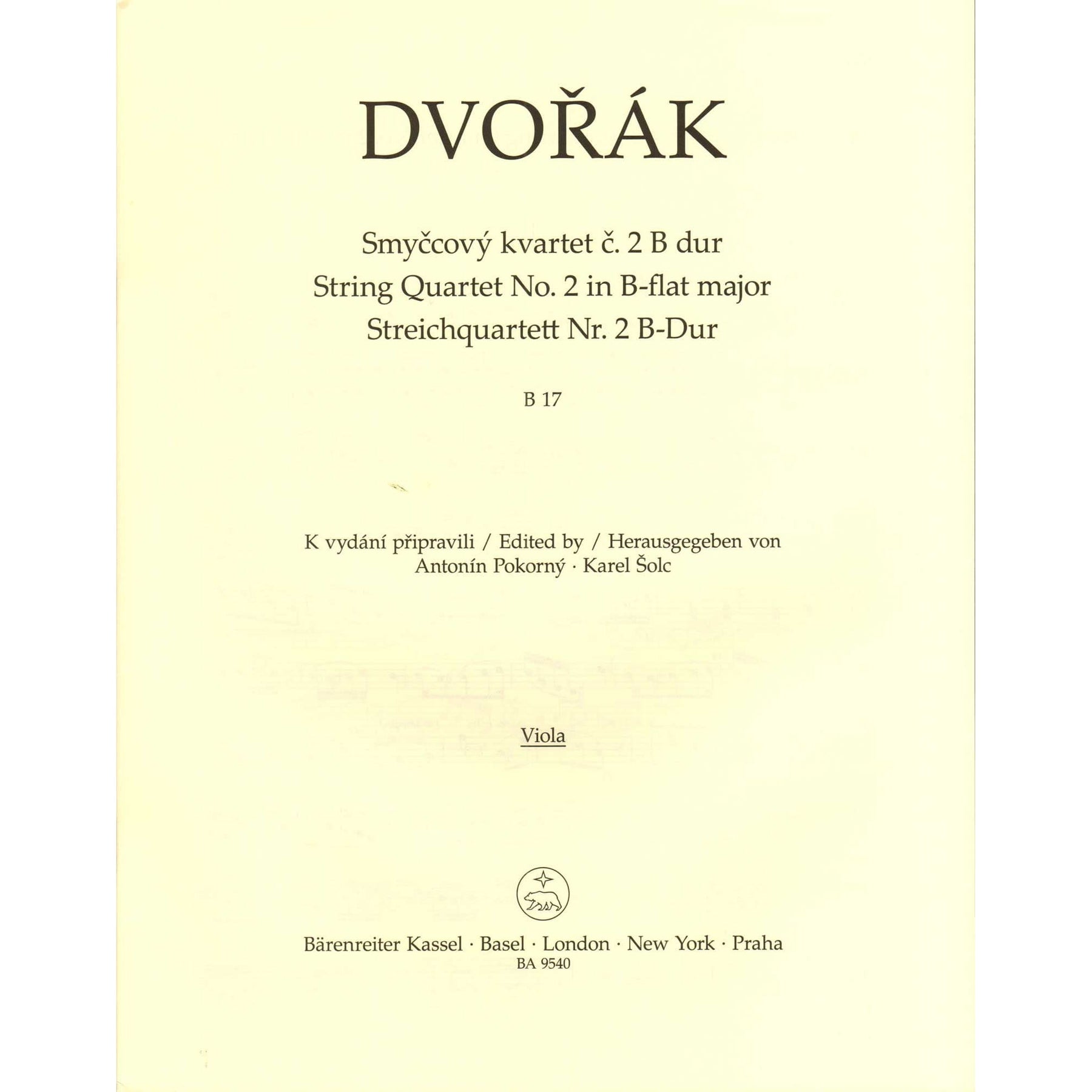 Dvorak, Antonin - String Quartet No. 2 in B-flat Major - Parts Only - edited by Pokorny and Solc - Barenreiter URTEXT