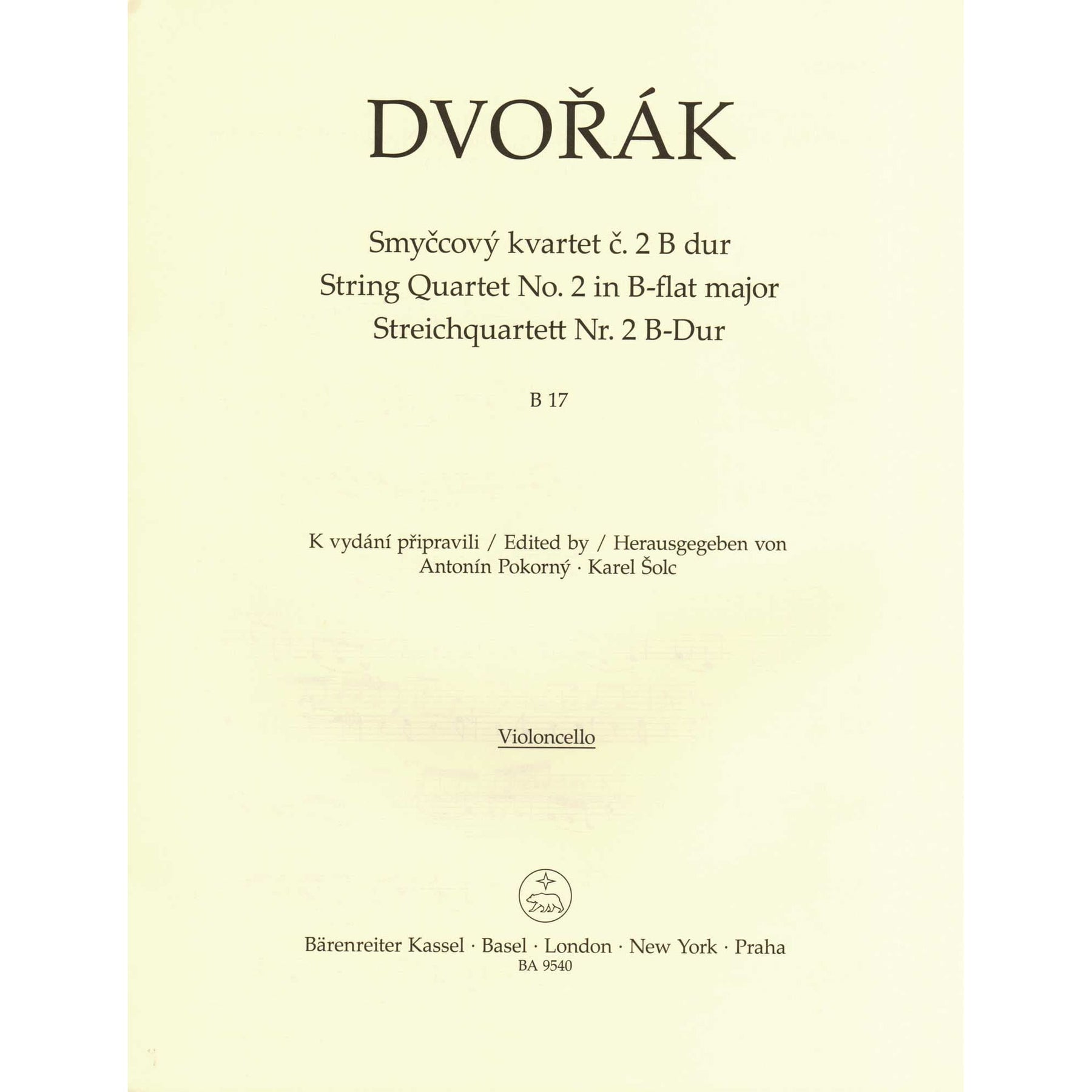 Dvorak, Antonin - String Quartet No. 2 in B-flat Major - Parts Only - edited by Pokorny and Solc - Barenreiter URTEXT