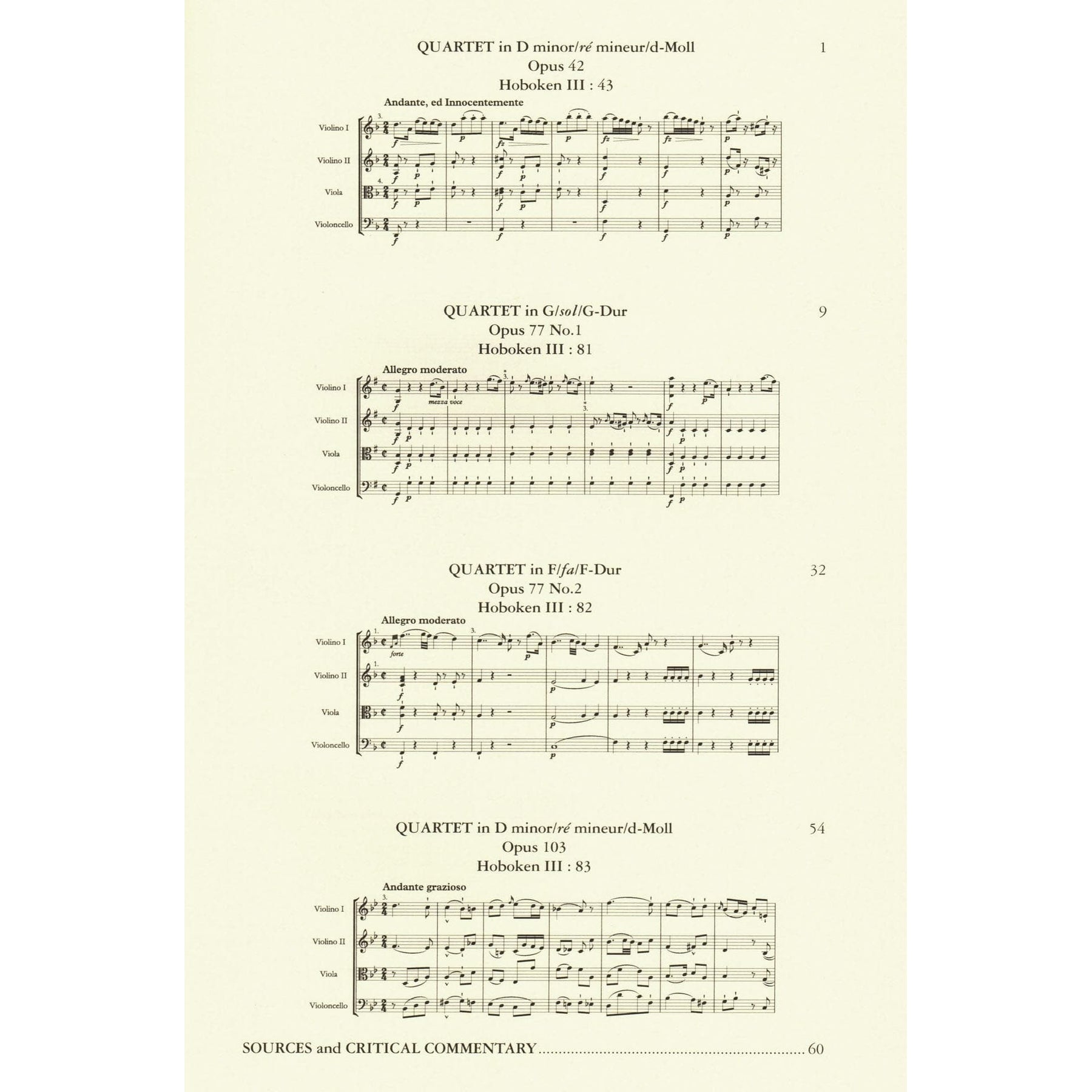 Haydn, Franz Joseph - 4 String Quartets, Op. 42, 77, 103 - Score and Parts - edited by Simon Rowland-Jones - Edition Peters URTEXT