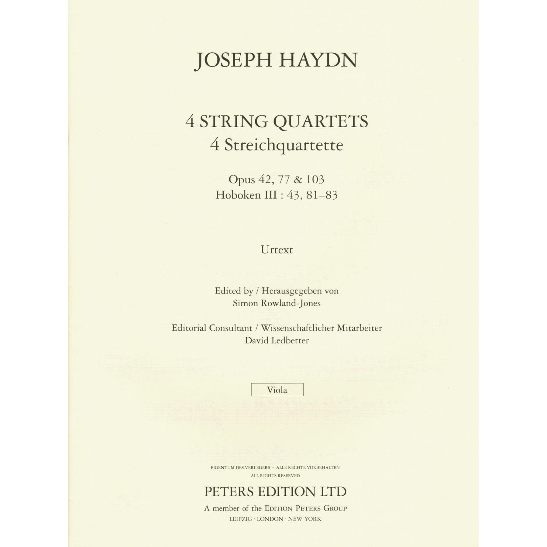 Haydn, Franz Joseph - 4 String Quartets, Op. 42, 77, 103 - Score and Parts - edited by Simon Rowland-Jones - Edition Peters URTEXT