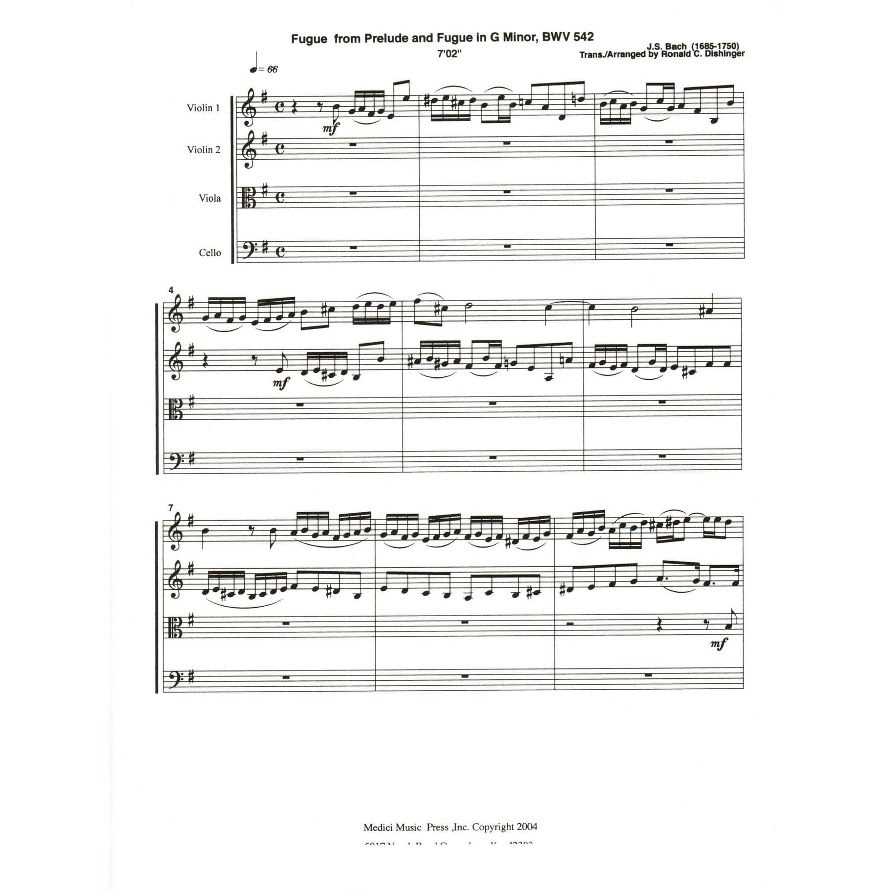 Bach, J.S. - Fugue from Prelude and Fugue (BWV 542) - for String Quartet - arranged by Dishinger - Medici Music Press