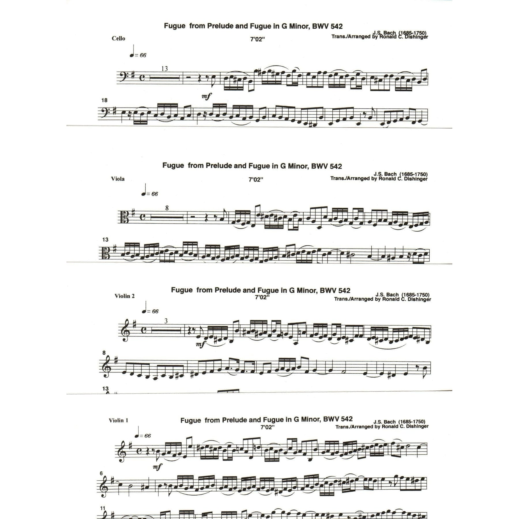 Bach, J.S. - Fugue from Prelude and Fugue (BWV 542) - for String Quartet - arranged by Dishinger - Medici Music Press