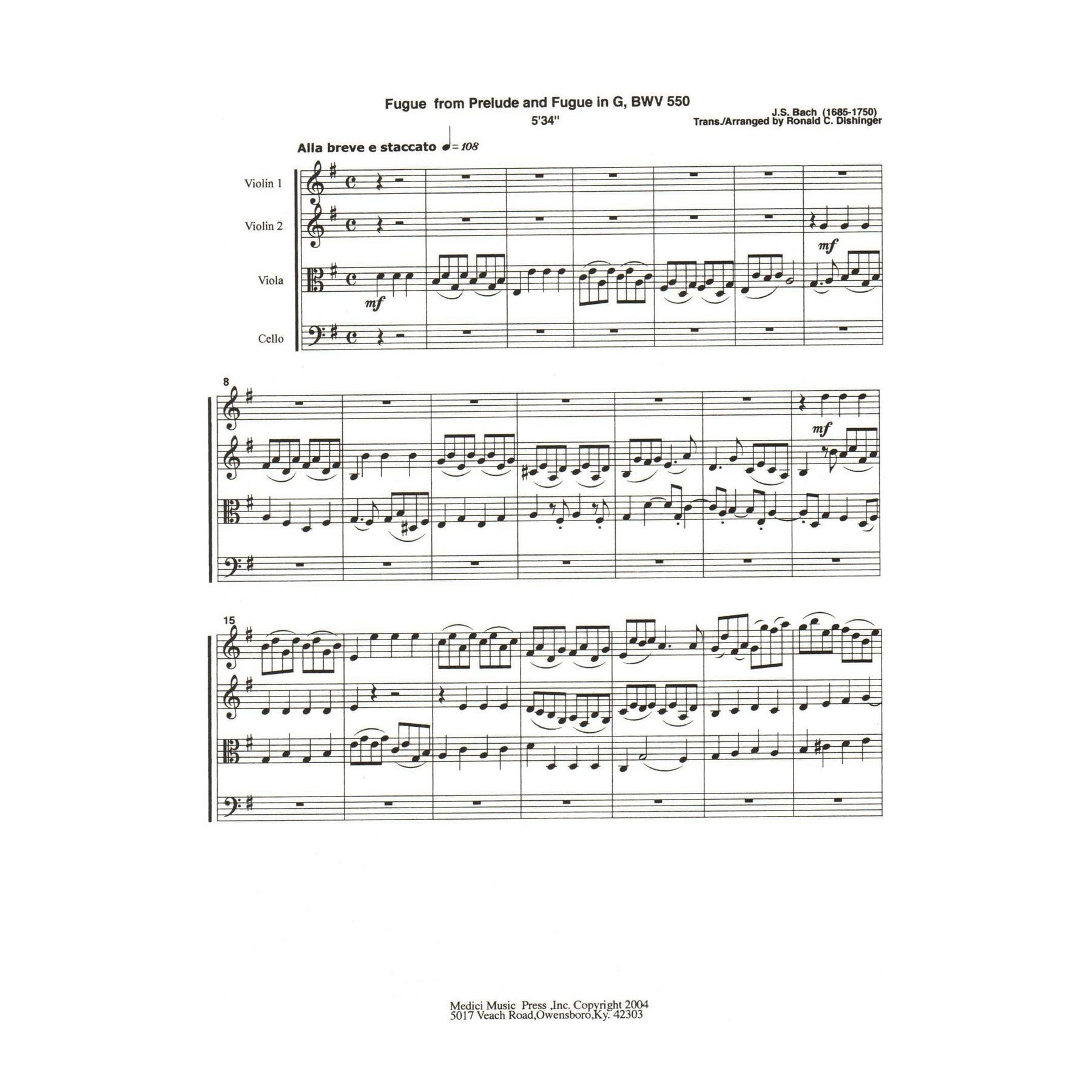 Bach, J.S. - Fugue from Prelude and Fugue in G (BWV 550) - for String Quartet - arranged by Dishinger - Medici Music Press