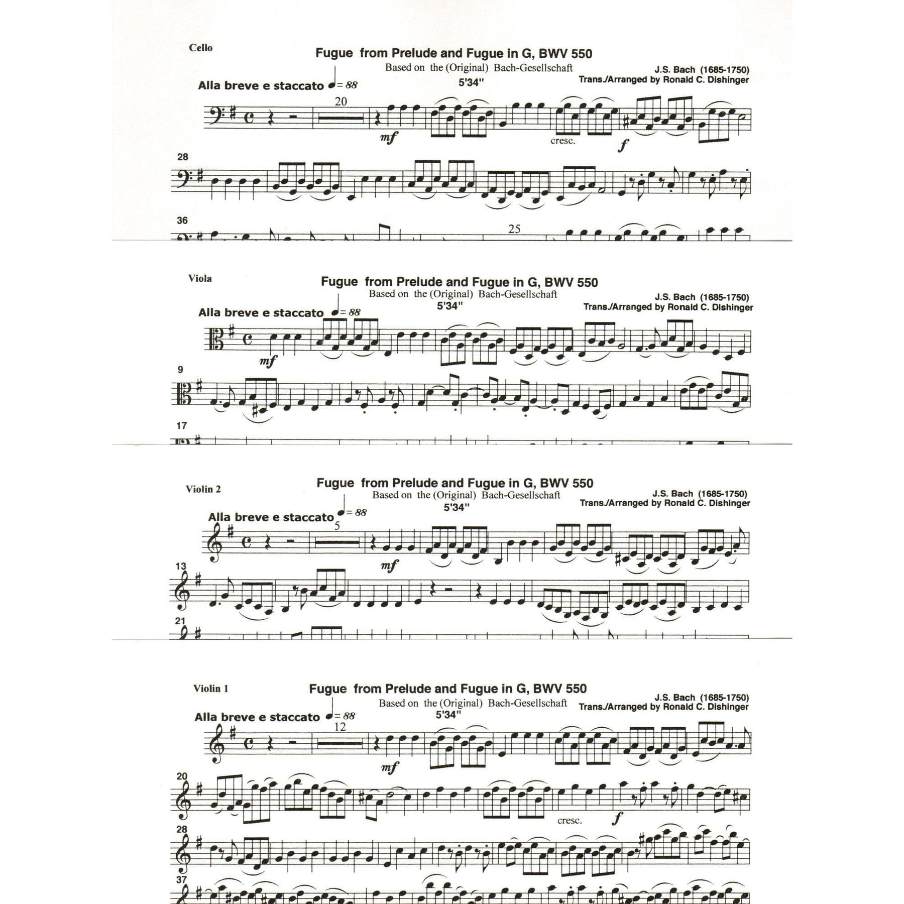 Bach, J.S. - Fugue from Prelude and Fugue in G (BWV 550) - for String Quartet - arranged by Dishinger - Medici Music Press