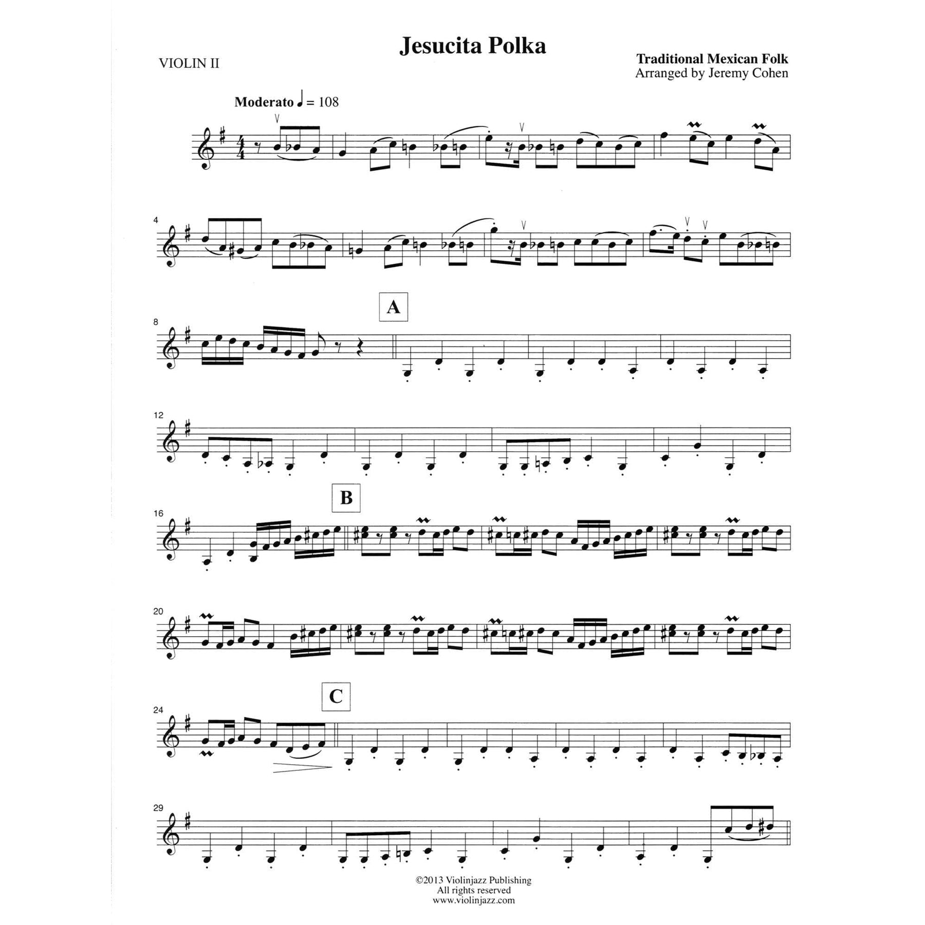 Cohen, Jeremy - Jesusita Polka - World Chamber Series - for String Quartet - Violinjazz Editions