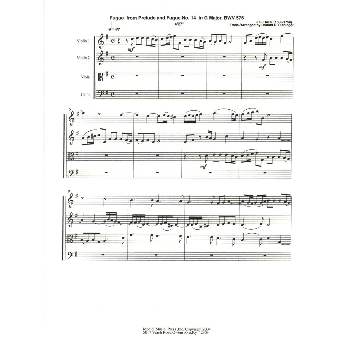 Bach, J.S. - Fugue from Prelude and Fugue in G Major (BWV 576) - for String Quartet - arranged by Dishinger - Medici Music Press