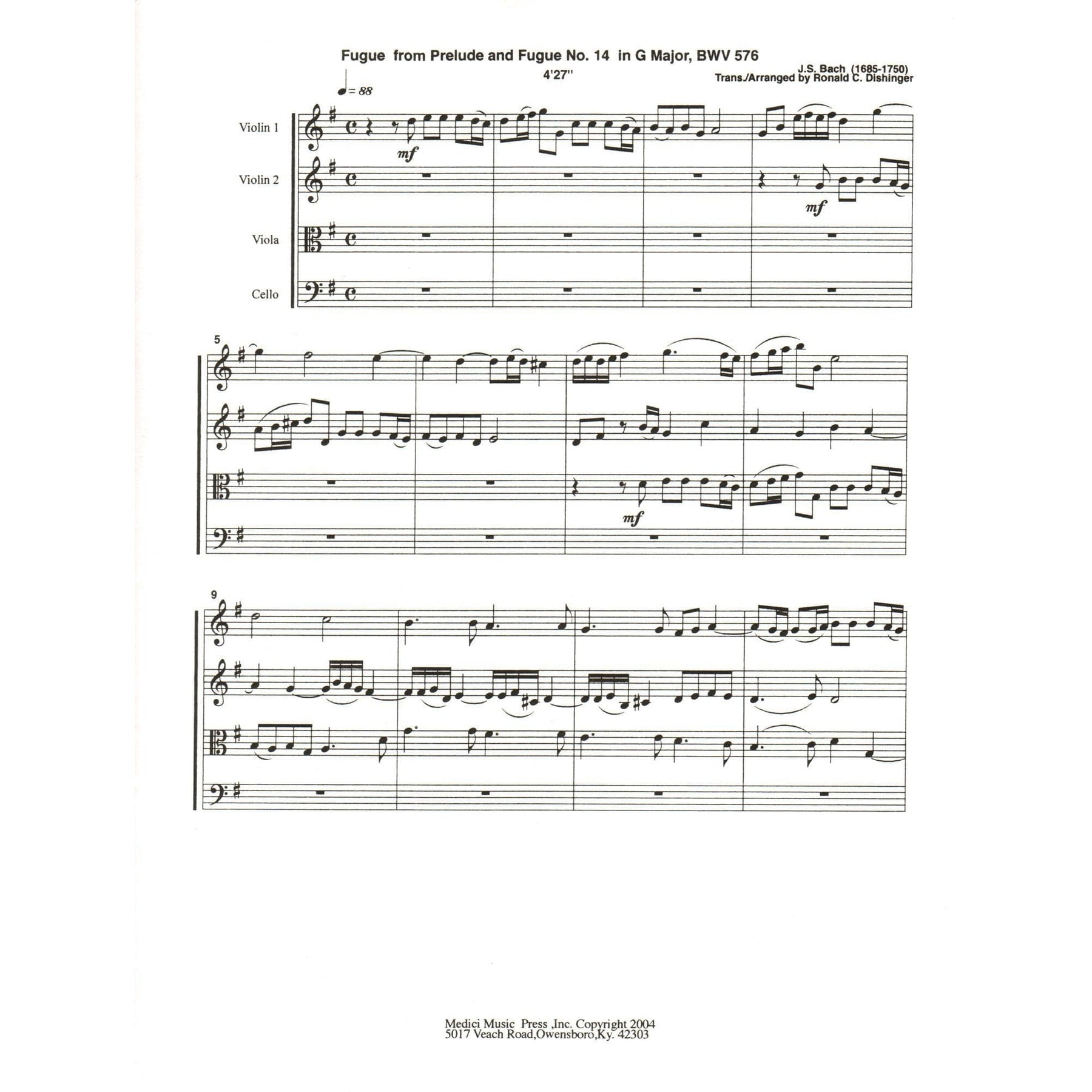 Bach, J.S. - Fugue from Prelude and Fugue in G Major (BWV 576) - for String Quartet - arranged by Dishinger - Medici Music Press