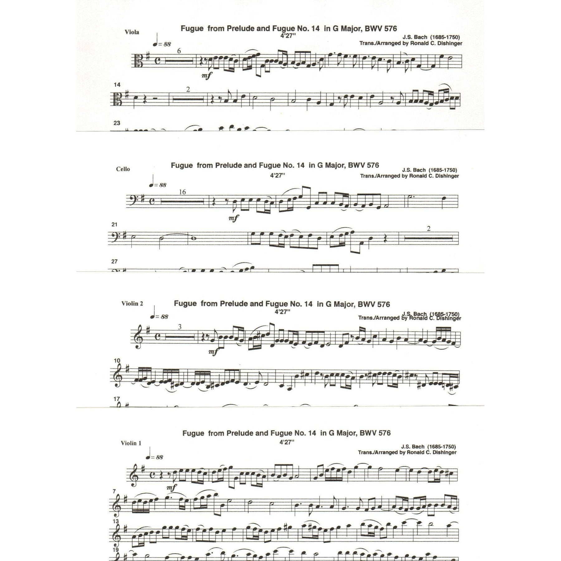 Bach, J.S. - Fugue from Prelude and Fugue in G Major (BWV 576) - for String Quartet - arranged by Dishinger - Medici Music Press