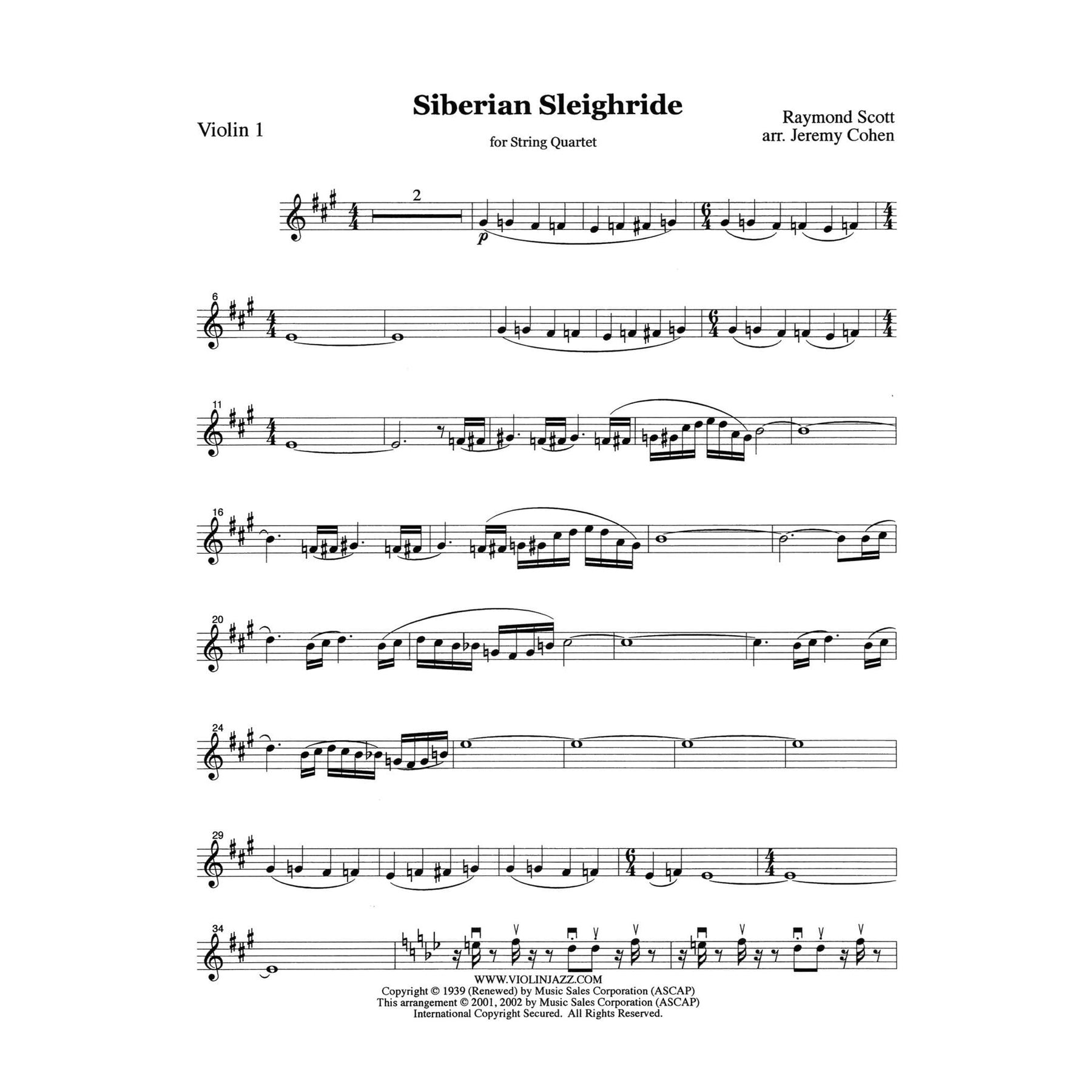 Scott, Raymond - Siberian Sleigh Ride - Raymond Scott Collection - for String Quartet - arranged by Jeremy Cohen - Violinjazz Editions