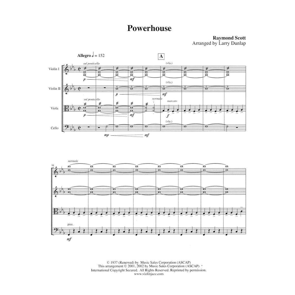 Scott, Raymond - Powerhouse, The Penguin, Siberian Sleighride, and Toy Trumpet - Raymond Scott Collection - for String Quartet - arranged by Jeremy Cohen - Violinjazz Editions