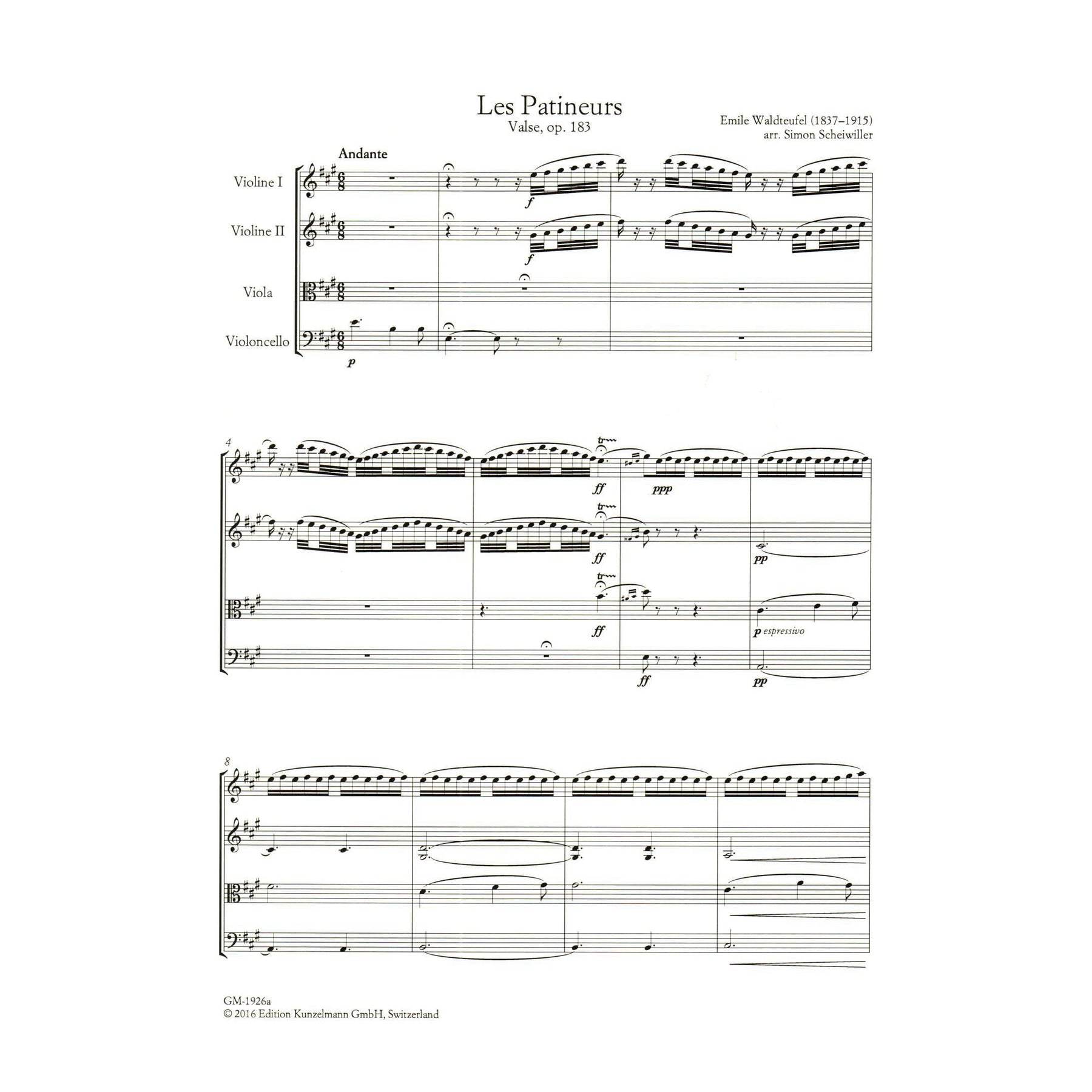 Waldteufel, Emile - The Skaters (Les Patineurs) Waltz, Opus 183 - for String Quartet - arranged by Simon Scheiwiller - Edition Kunzelmann