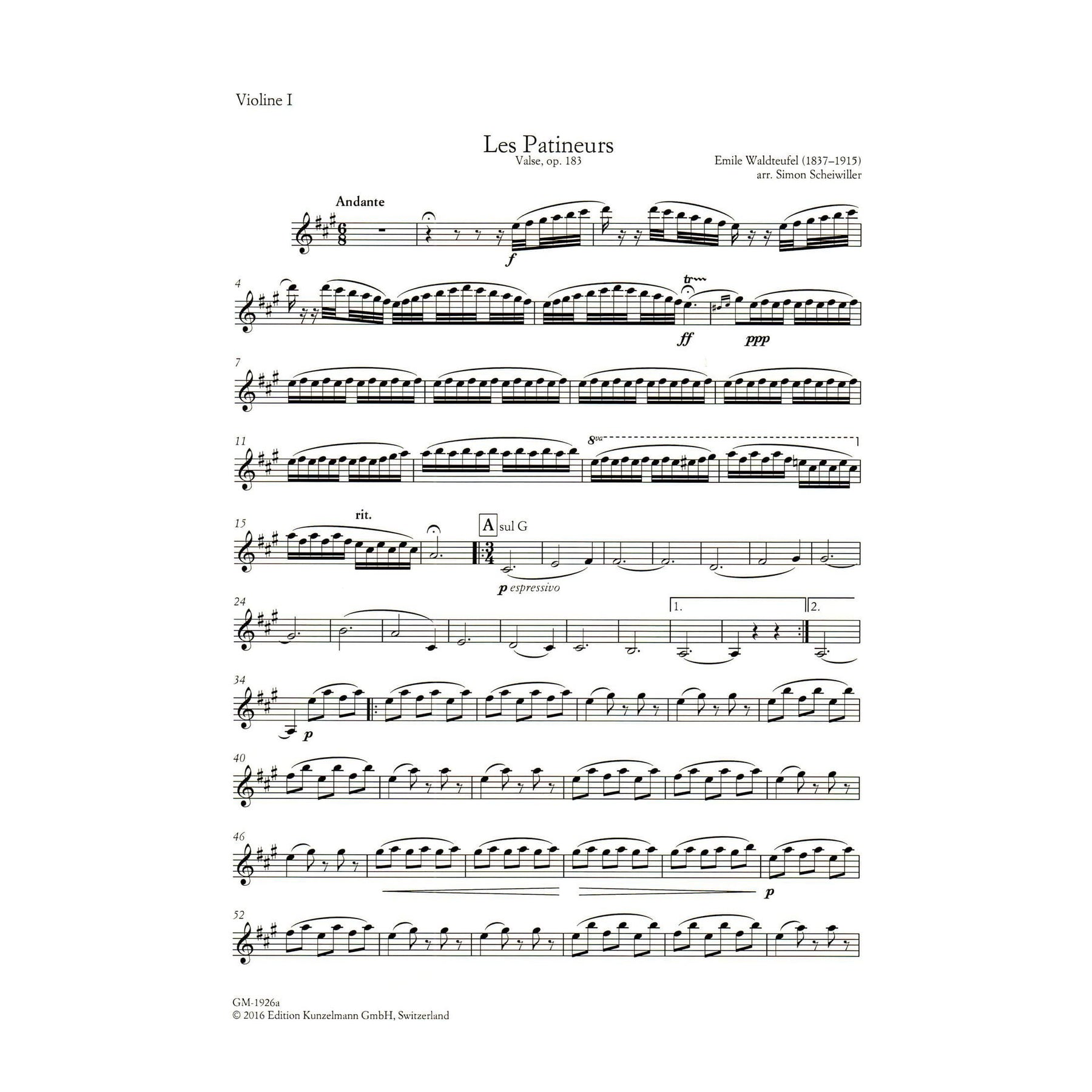 Waldteufel, Emile - The Skaters (Les Patineurs) Waltz, Opus 183 - for String Quartet - arranged by Simon Scheiwiller - Edition Kunzelmann