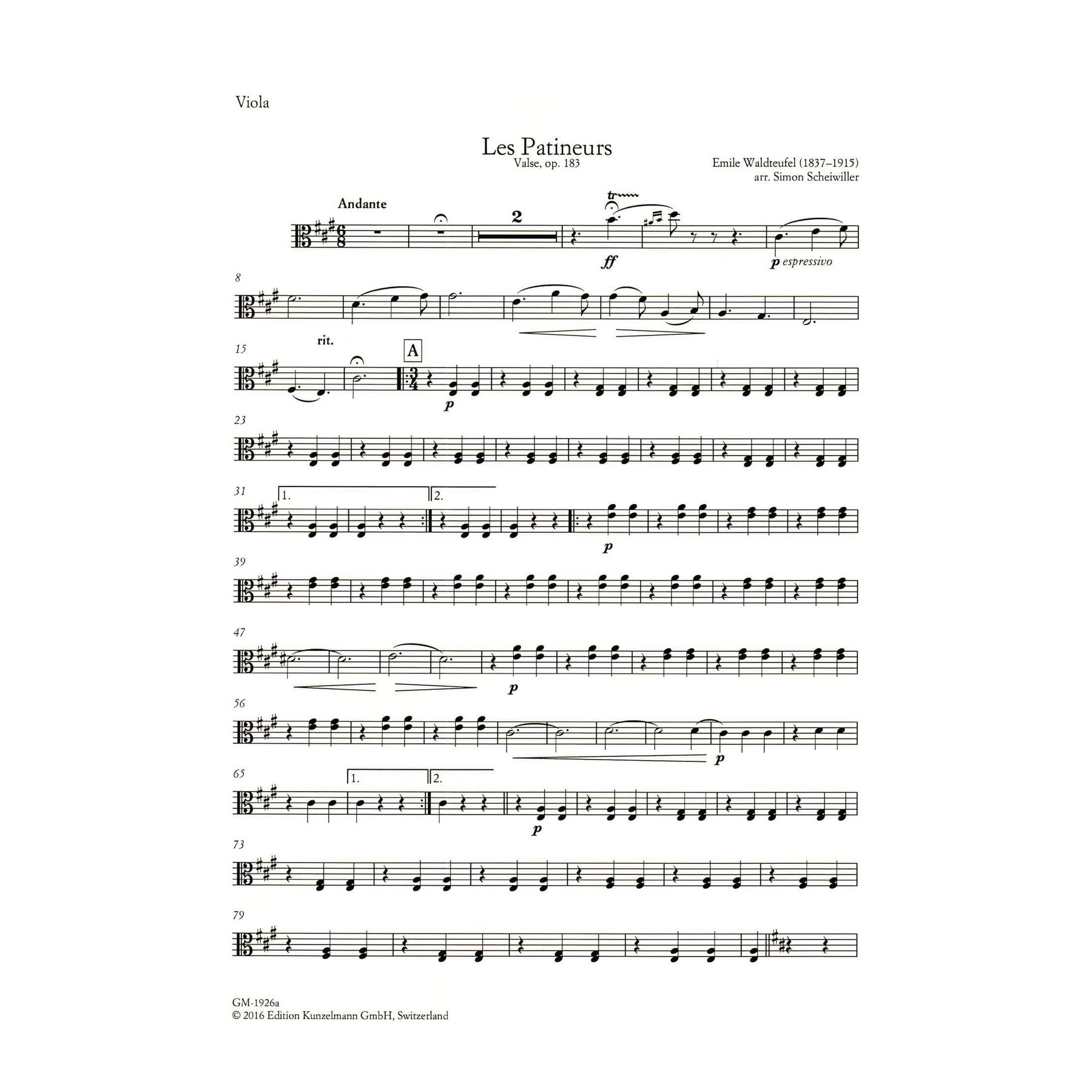 Waldteufel, Emile - The Skaters (Les Patineurs) Waltz, Opus 183 - for String Quartet - arranged by Simon Scheiwiller - Edition Kunzelmann