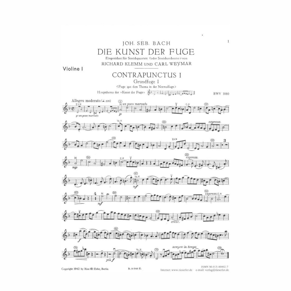Bach, JS -  Art of The Fugue BWV 1080 - Set of Parts - Arranged by Klemm-Weymar - Fischer Edition