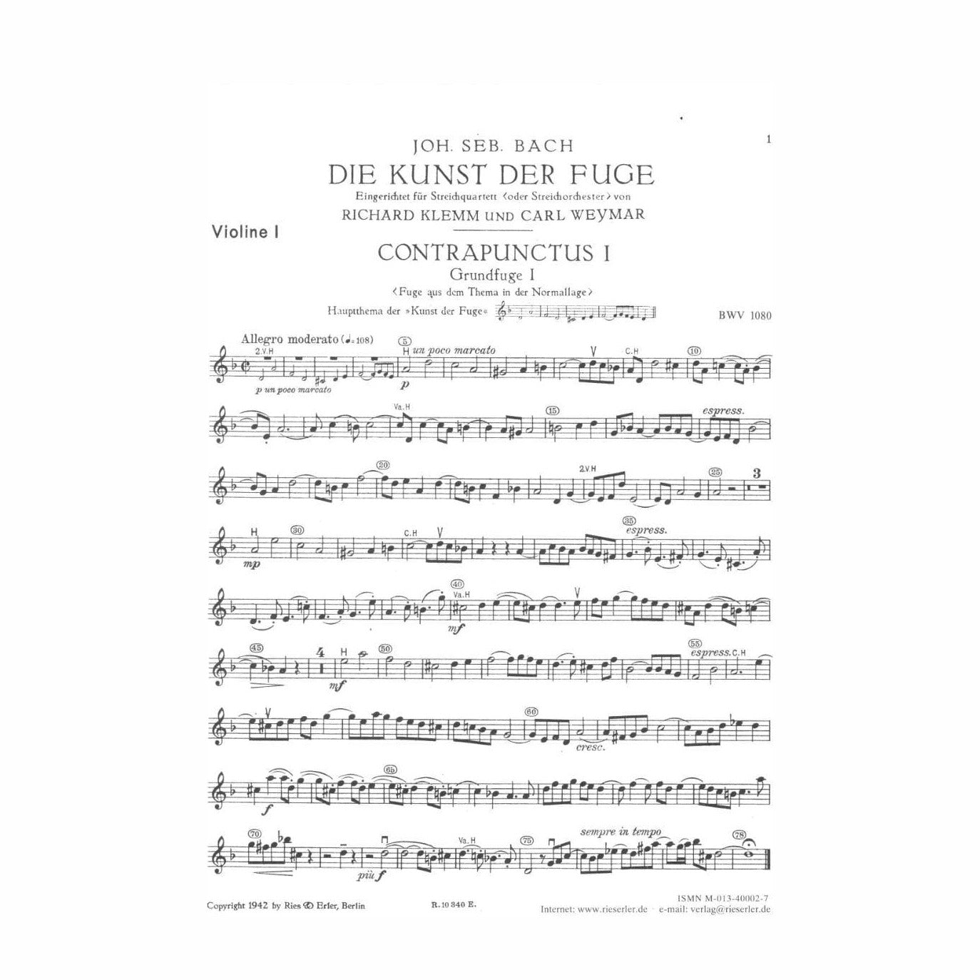 Bach, JS -  Art of The Fugue BWV 1080 - Set of Parts - Arranged by Klemm-Weymar - Fischer Edition