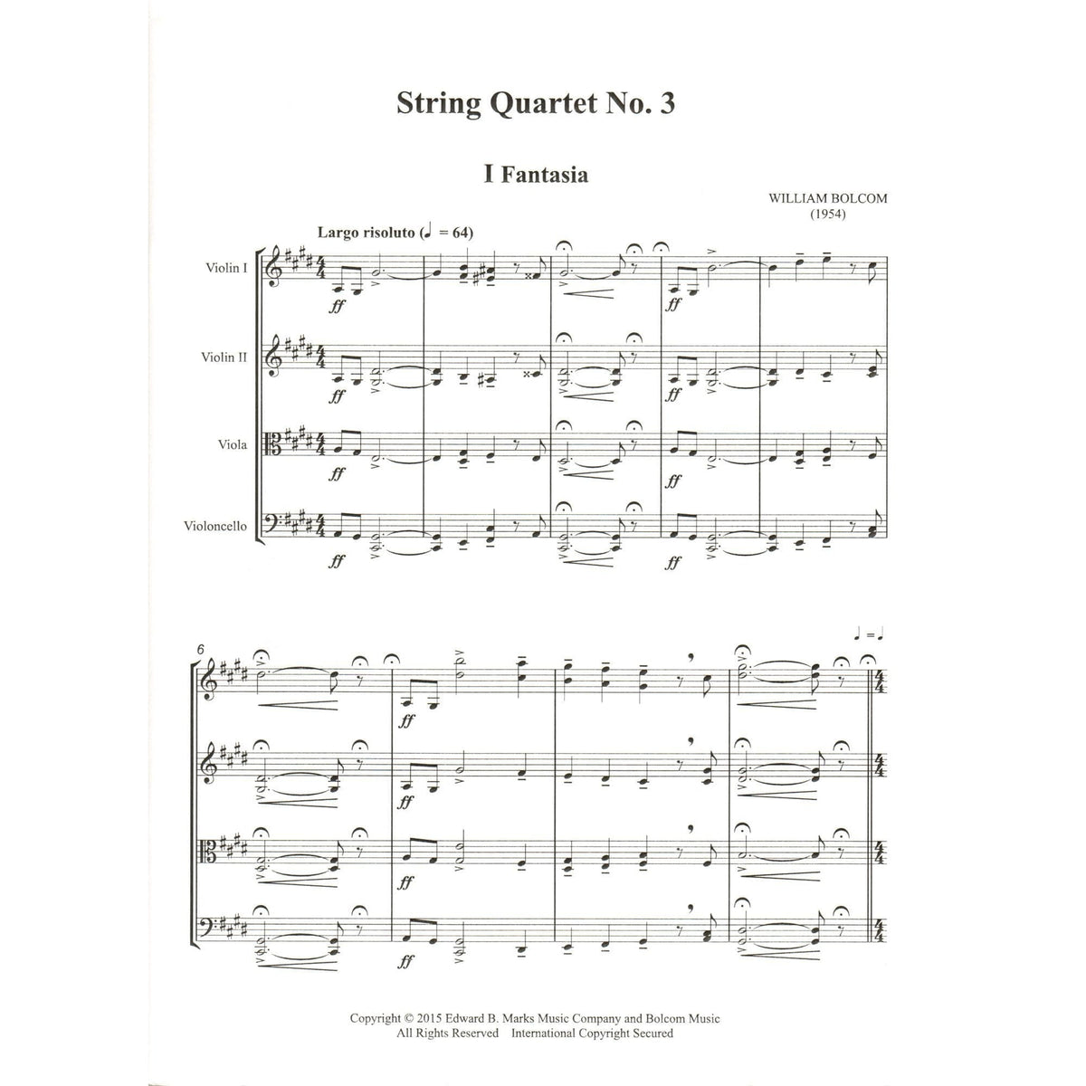 Bolcom, William - String Quartet No. 3 - Score and Parts - Edward B. Marks Music Company