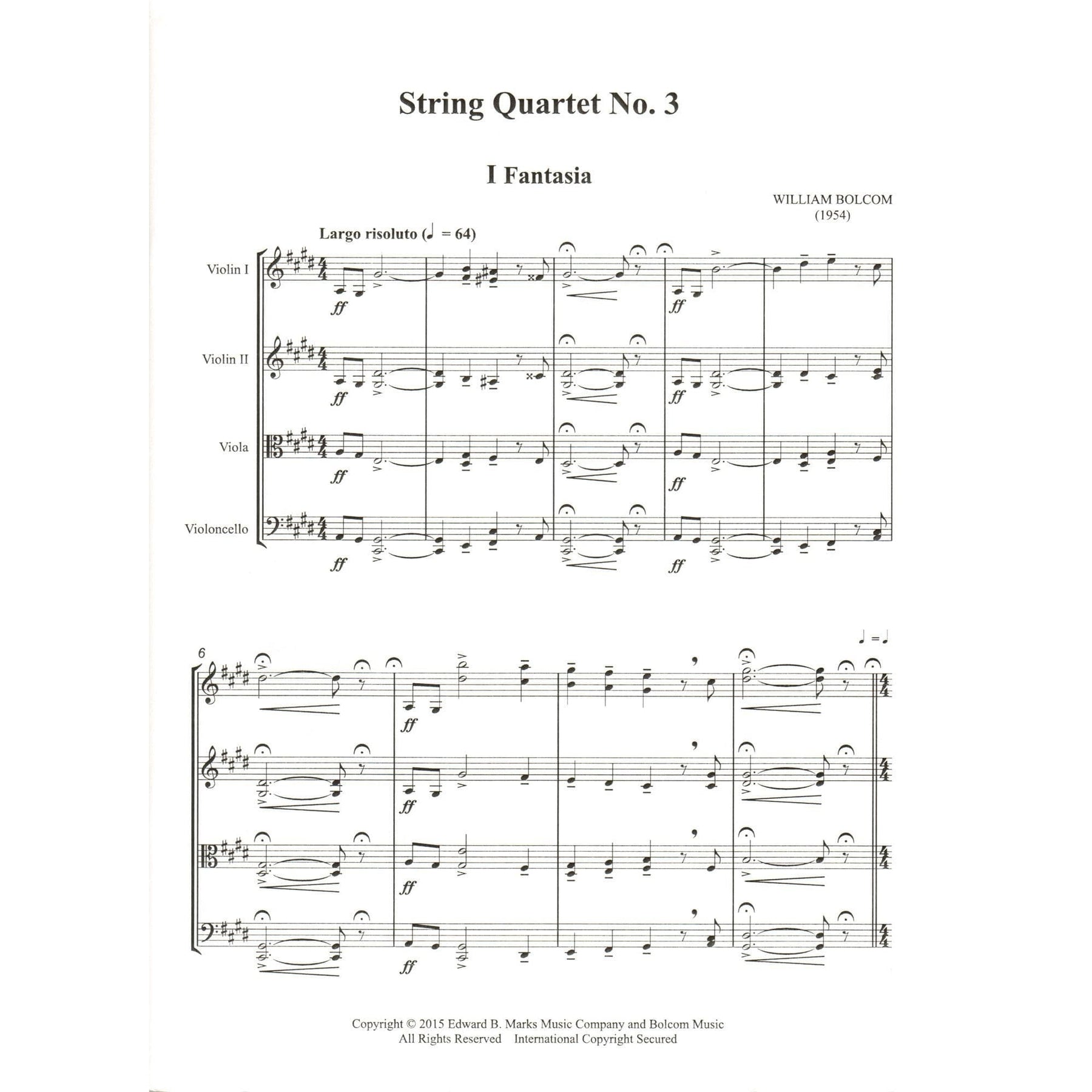 Bolcom, William - String Quartet No. 3 - Score and Parts - Edward B. Marks Music Company