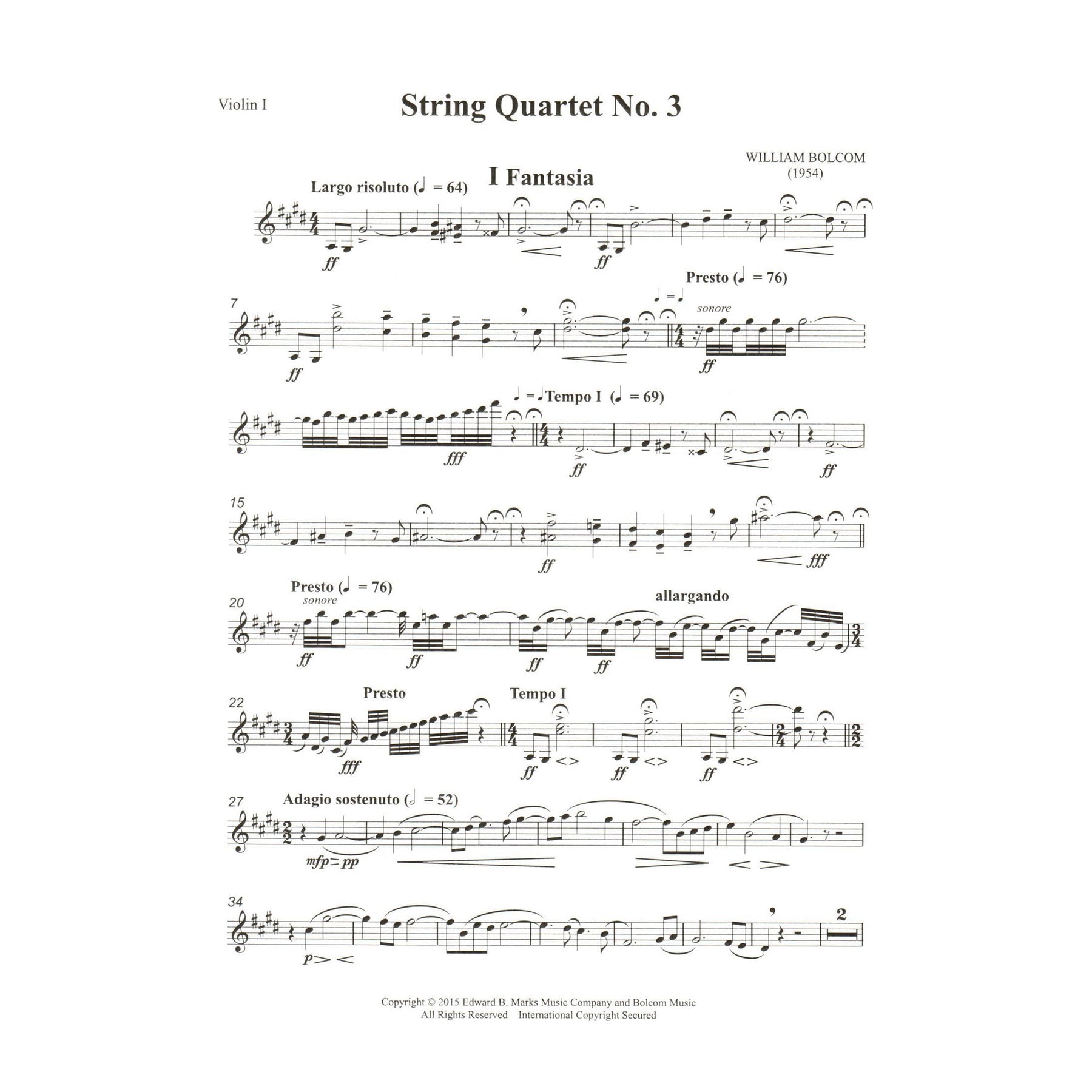 Bolcom, William - String Quartet No. 3 - Score and Parts - Edward B. Marks Music Company
