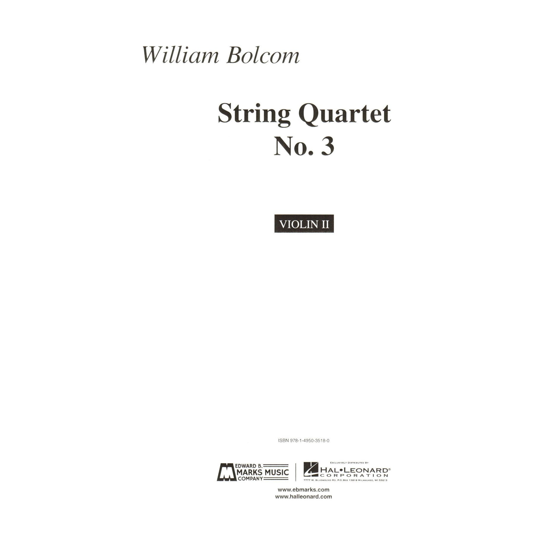 Bolcom, William - String Quartet No. 3 - Score and Parts - Edward B. Marks Music Company