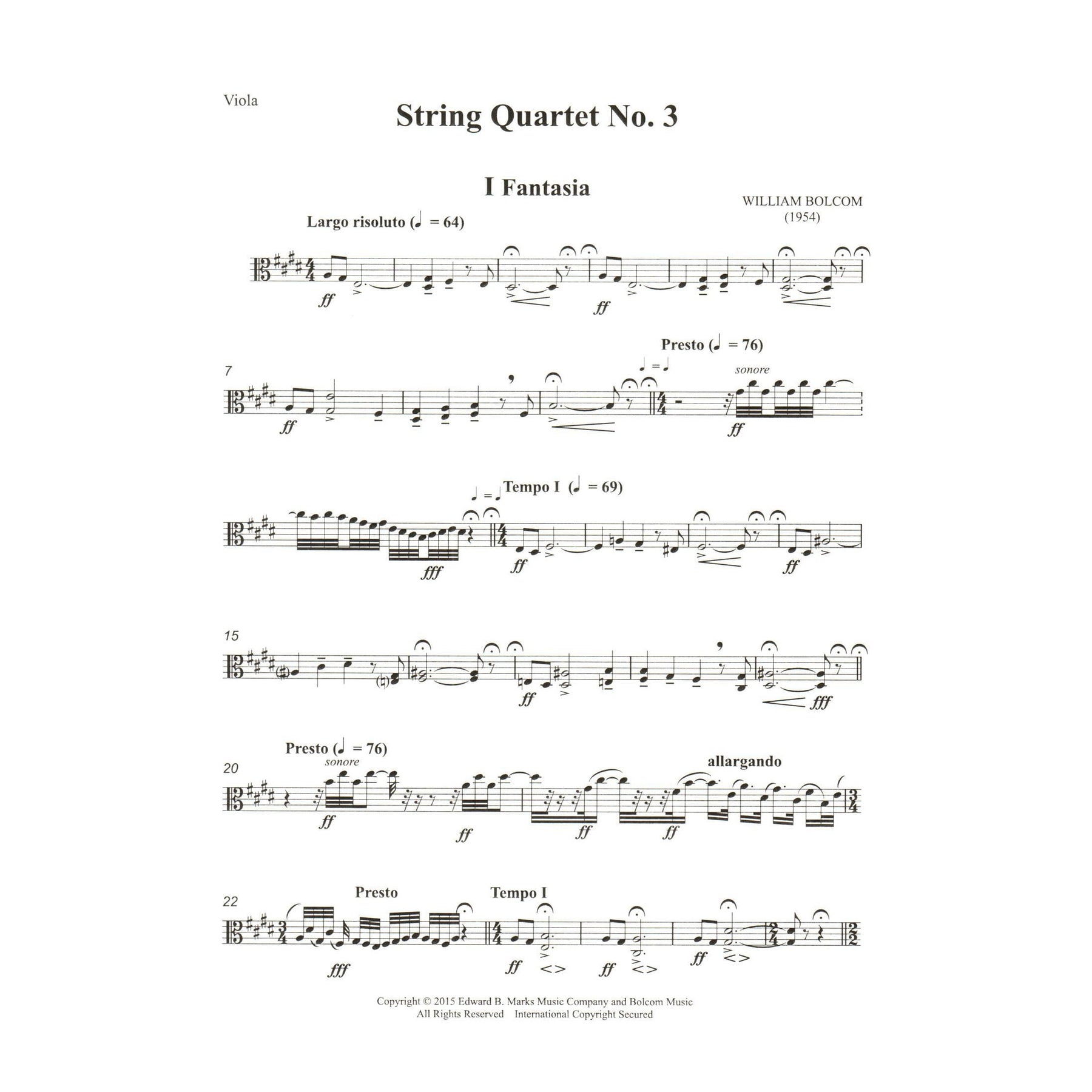 Bolcom, William - String Quartet No. 3 - Score and Parts - Edward B. Marks Music Company