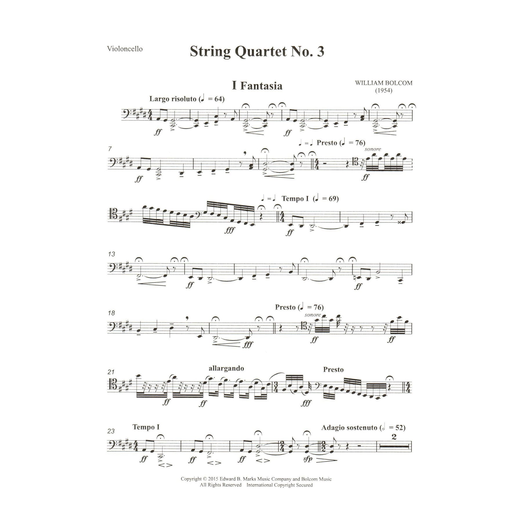 Bolcom, William - String Quartet No. 3 - Score and Parts - Edward B. Marks Music Company