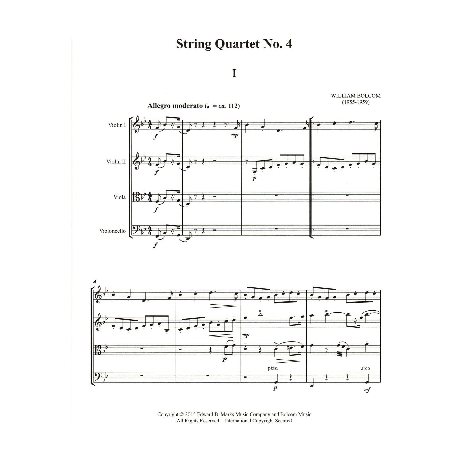 Bolcom, William - String Quartet No. 4 - Score and Parts - Edward B. Marks Music Company