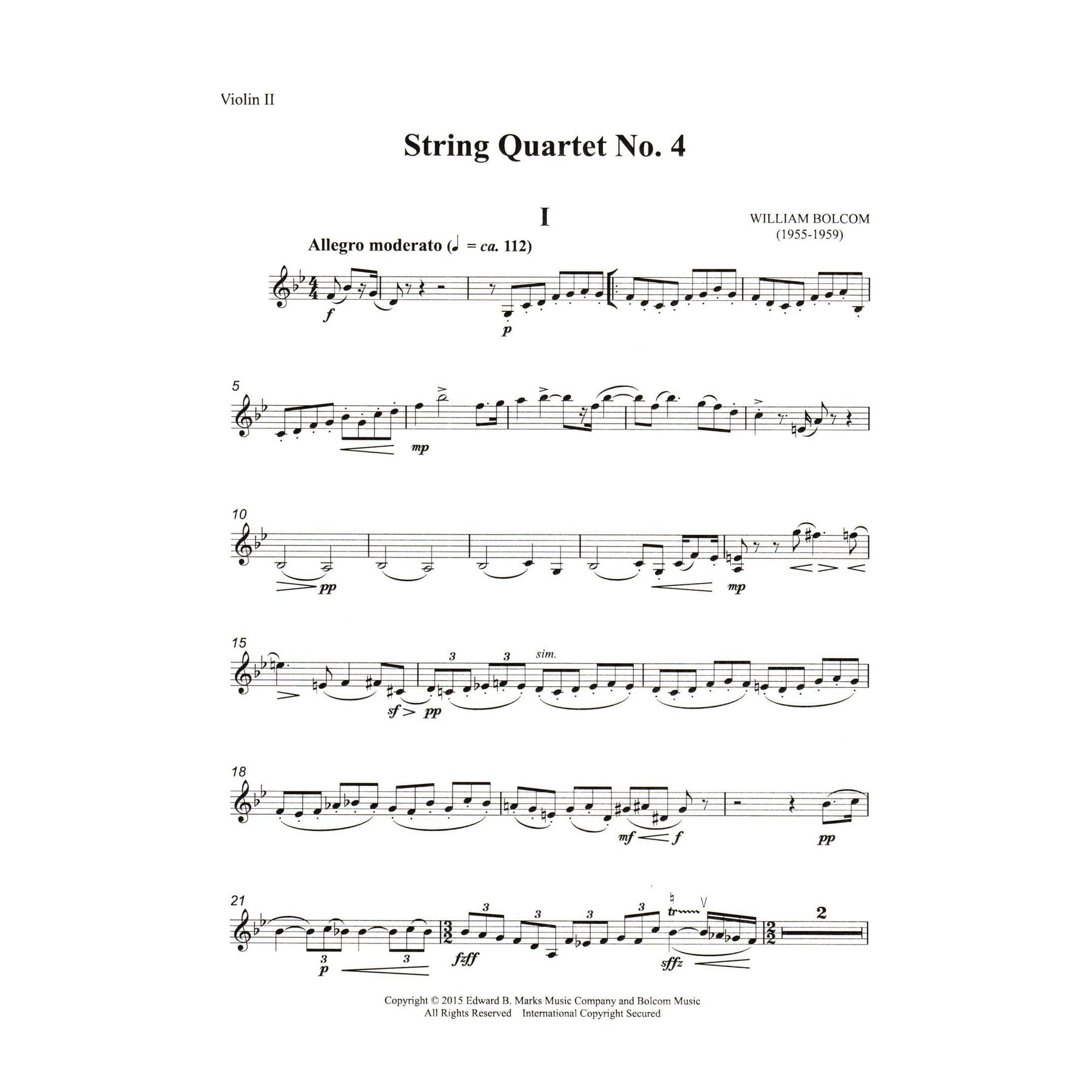 Bolcom, William - String Quartet No. 4 - Score and Parts - Edward B. Marks Music Company