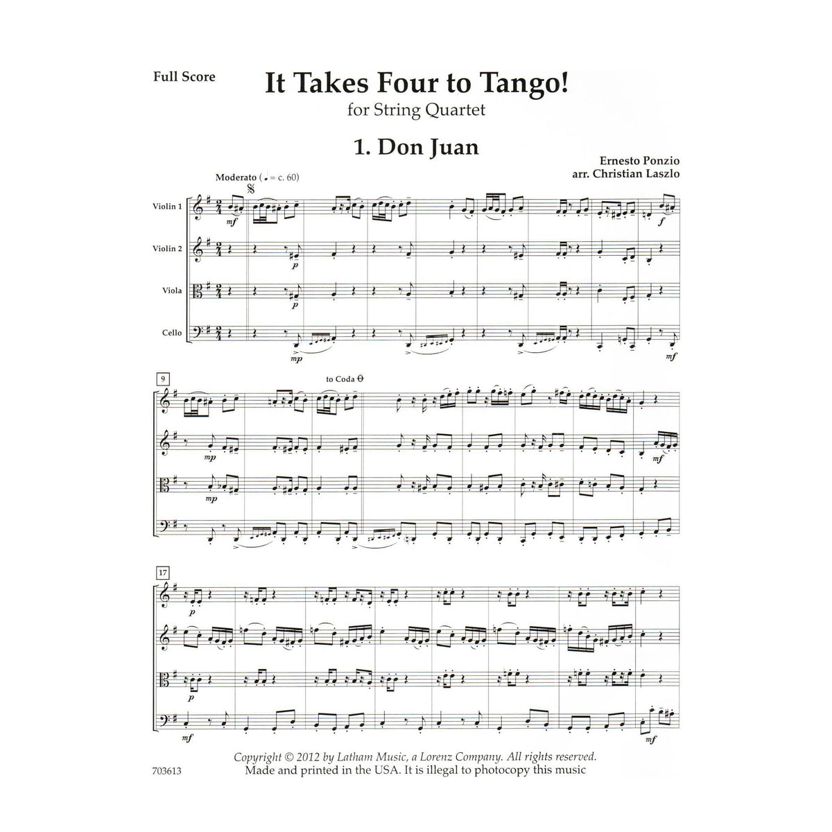 It Takes Four to Tango! - 5 Tangos for String Quartet - arranged by Christian Laszlo - Latham Music