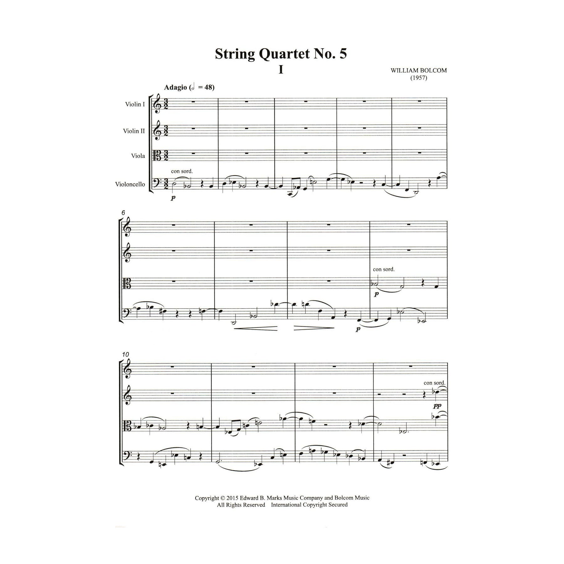 Bolcom, William - String Quartet No. 5 - Score and Parts - Edward B. Marks Music Company
