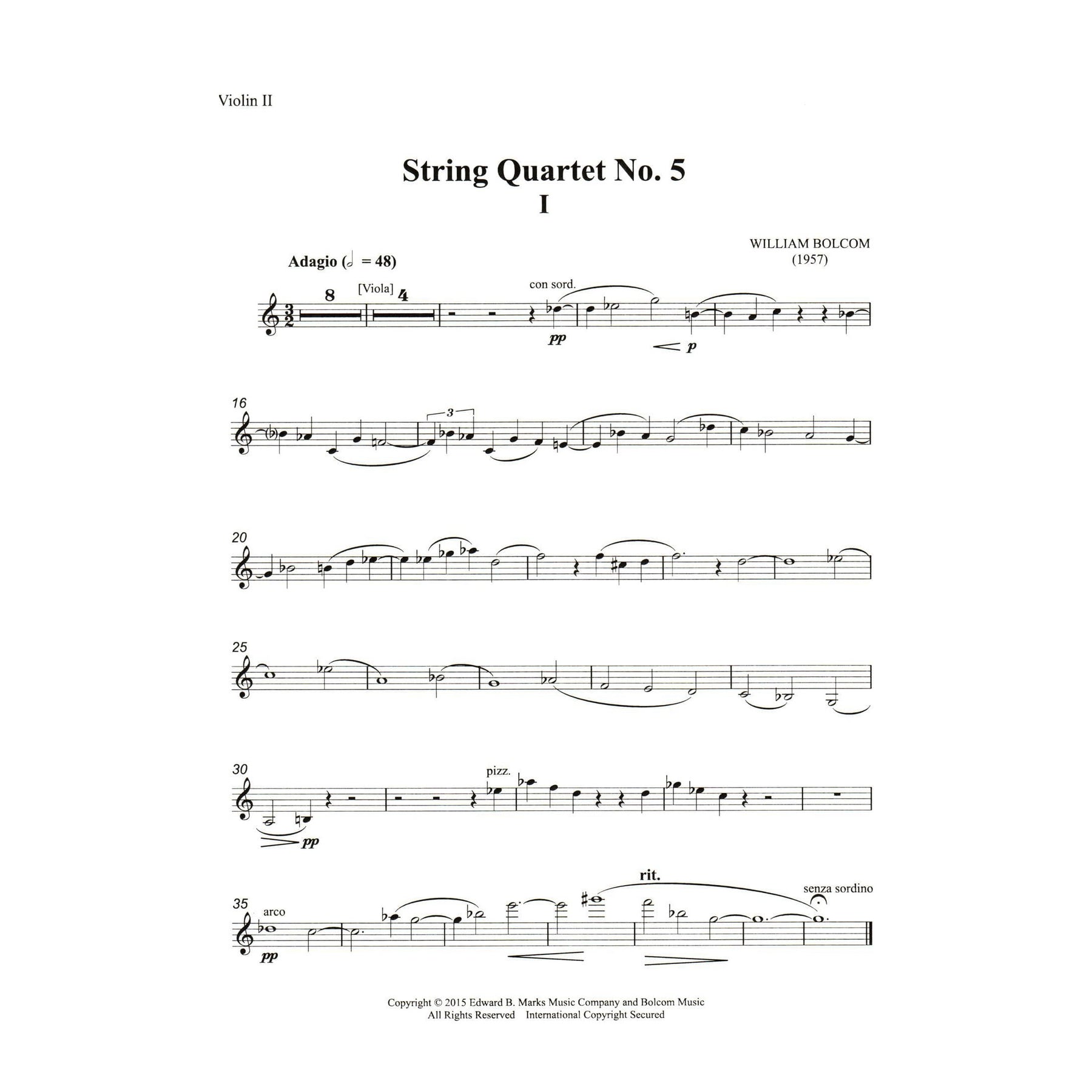 Bolcom, William - String Quartet No. 5 - Score and Parts - Edward B. Marks Music Company