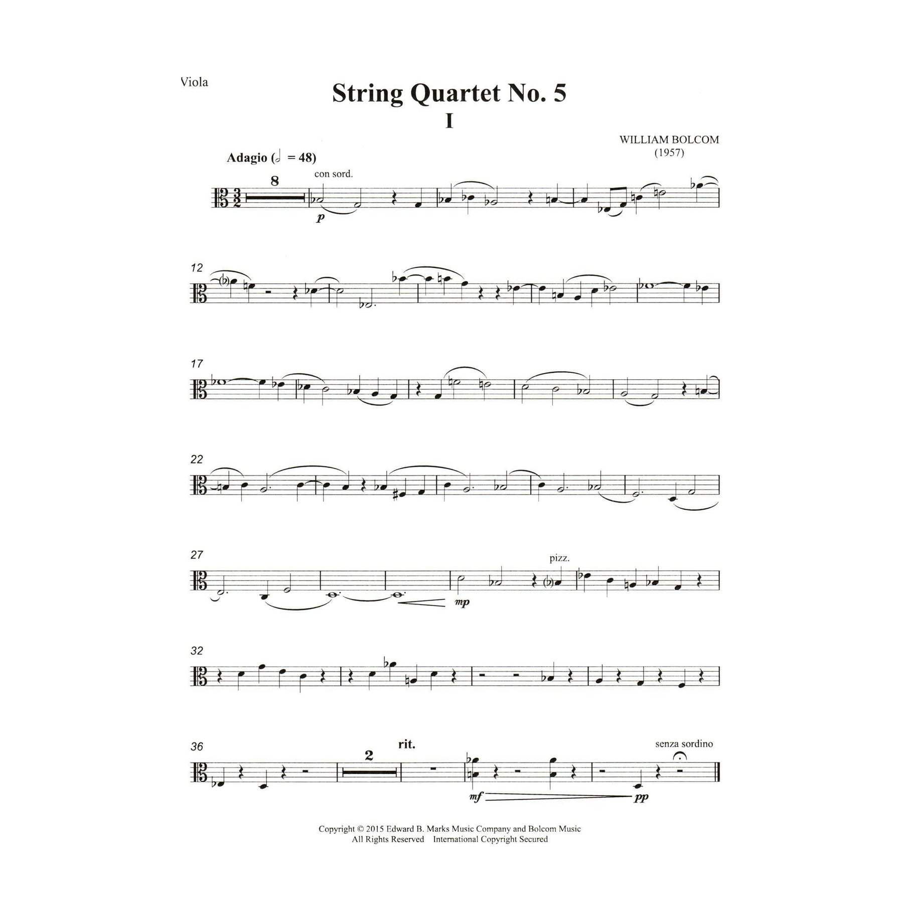 Bolcom, William - String Quartet No. 5 - Score and Parts - Edward B. Marks Music Company