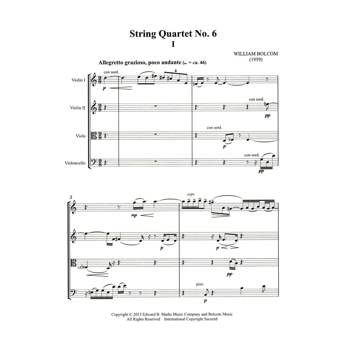 Bolcom, William - String Quartet No. 6 - Score and Parts - Edward B. Marks Music Company