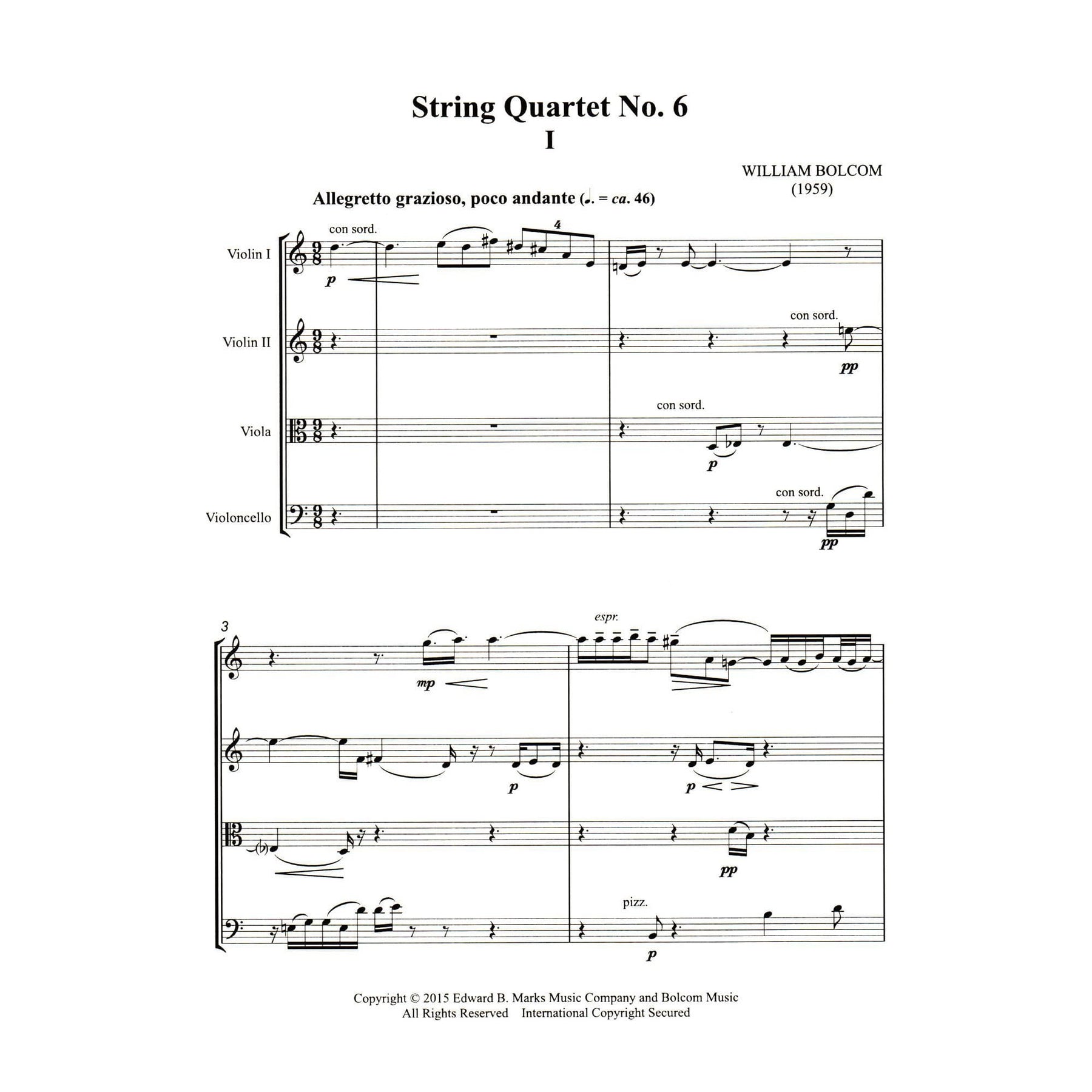 Bolcom, William - String Quartet No. 6 - Score and Parts - Edward B. Marks Music Company
