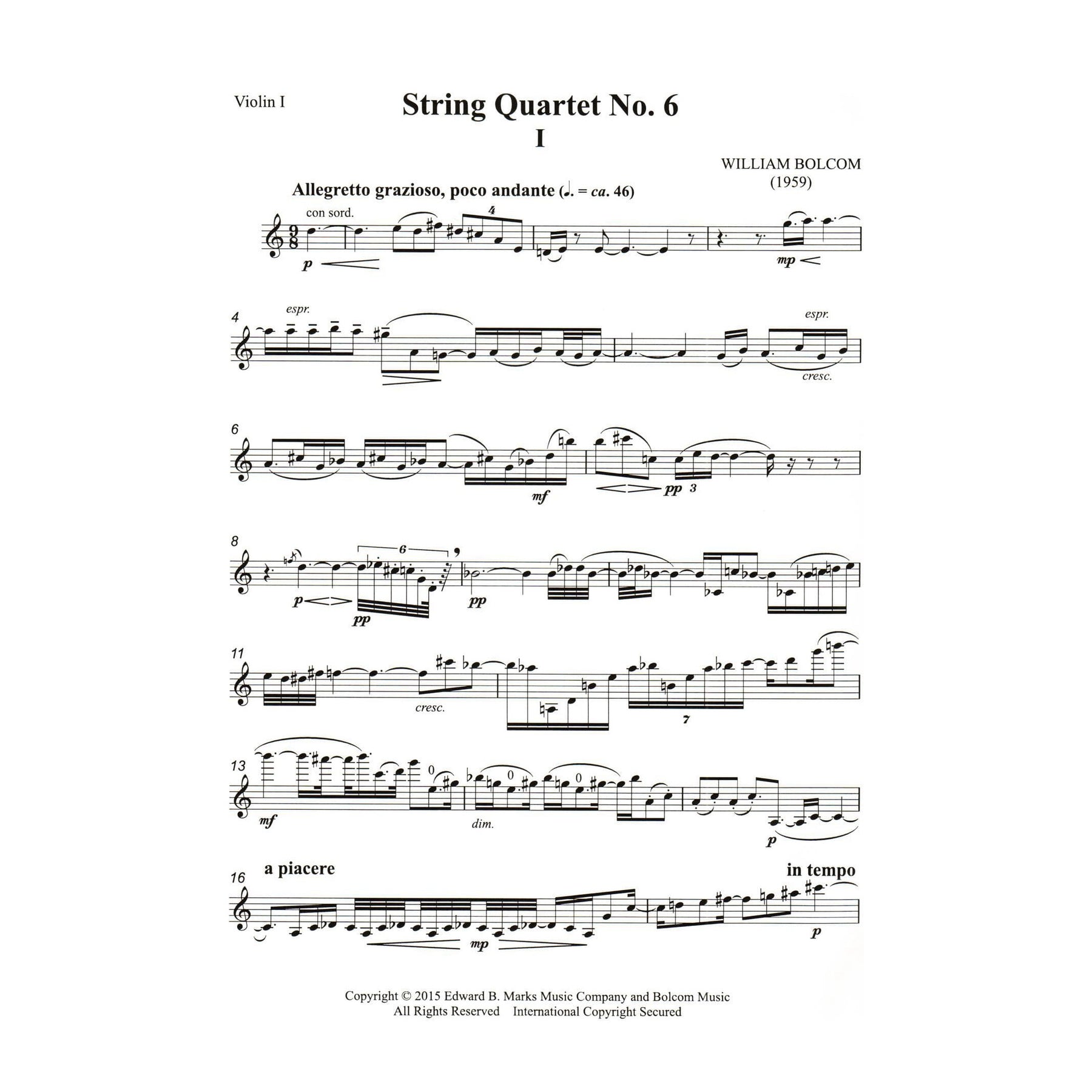 Bolcom, William - String Quartet No. 6 - Score and Parts - Edward B. Marks Music Company