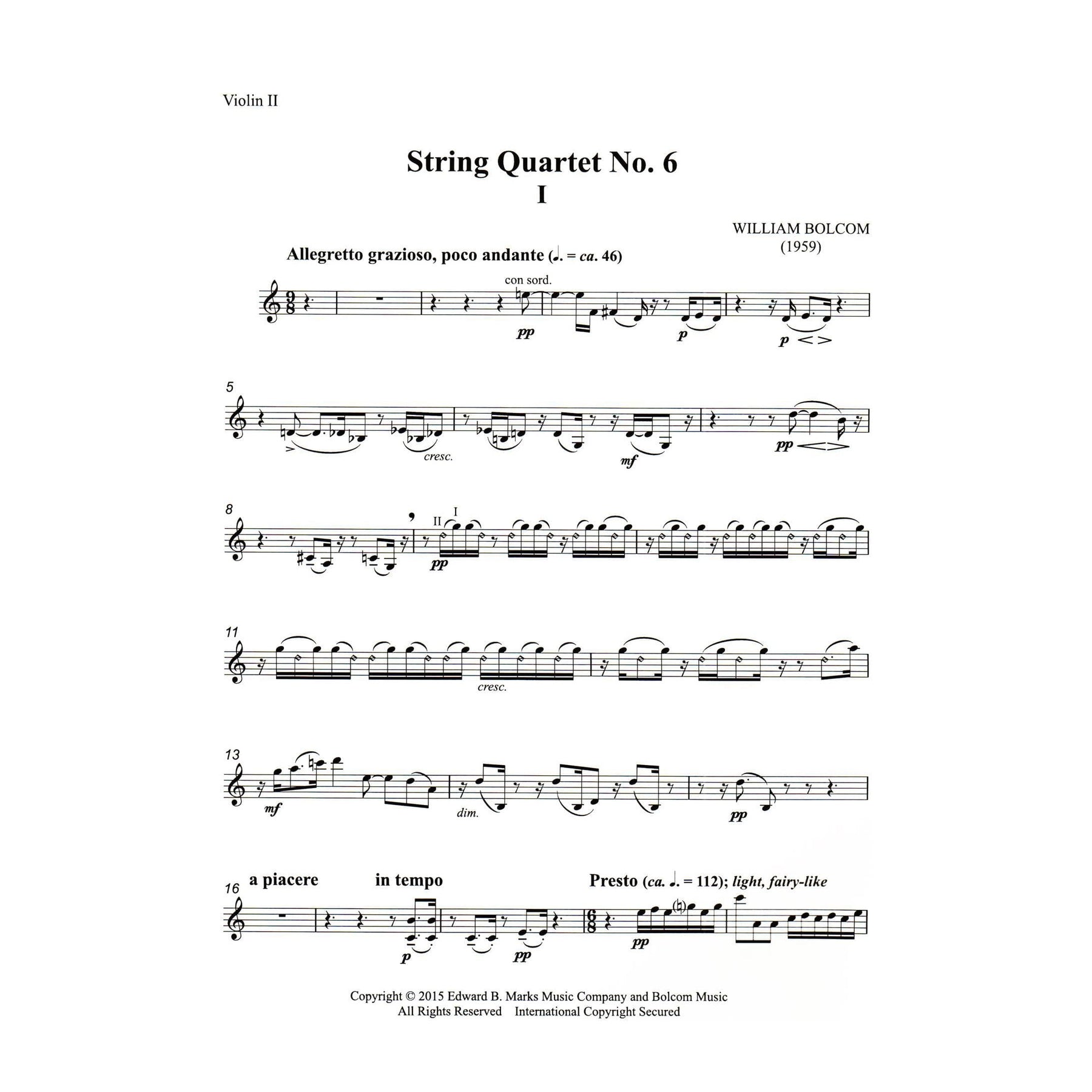 Bolcom, William - String Quartet No. 6 - Score and Parts - Edward B. Marks Music Company