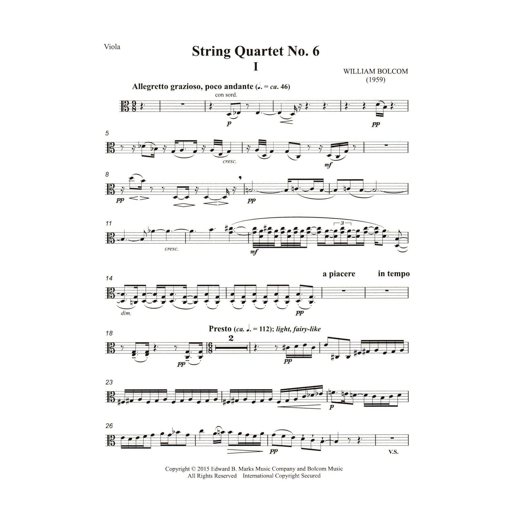 Bolcom, William - String Quartet No. 6 - Score and Parts - Edward B. Marks Music Company
