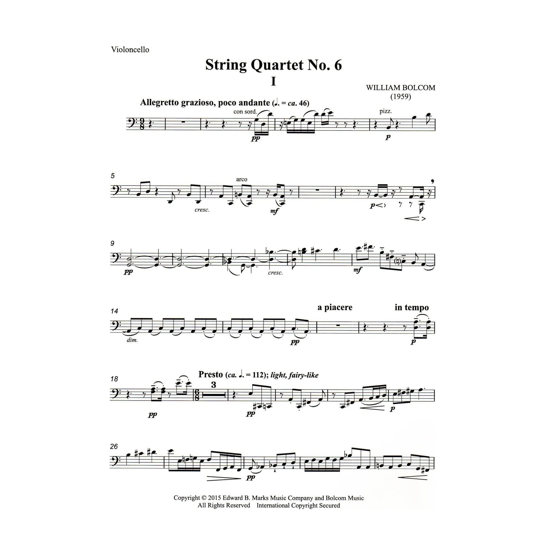 Bolcom, William - String Quartet No. 6 - Score and Parts - Edward B. Marks Music Company