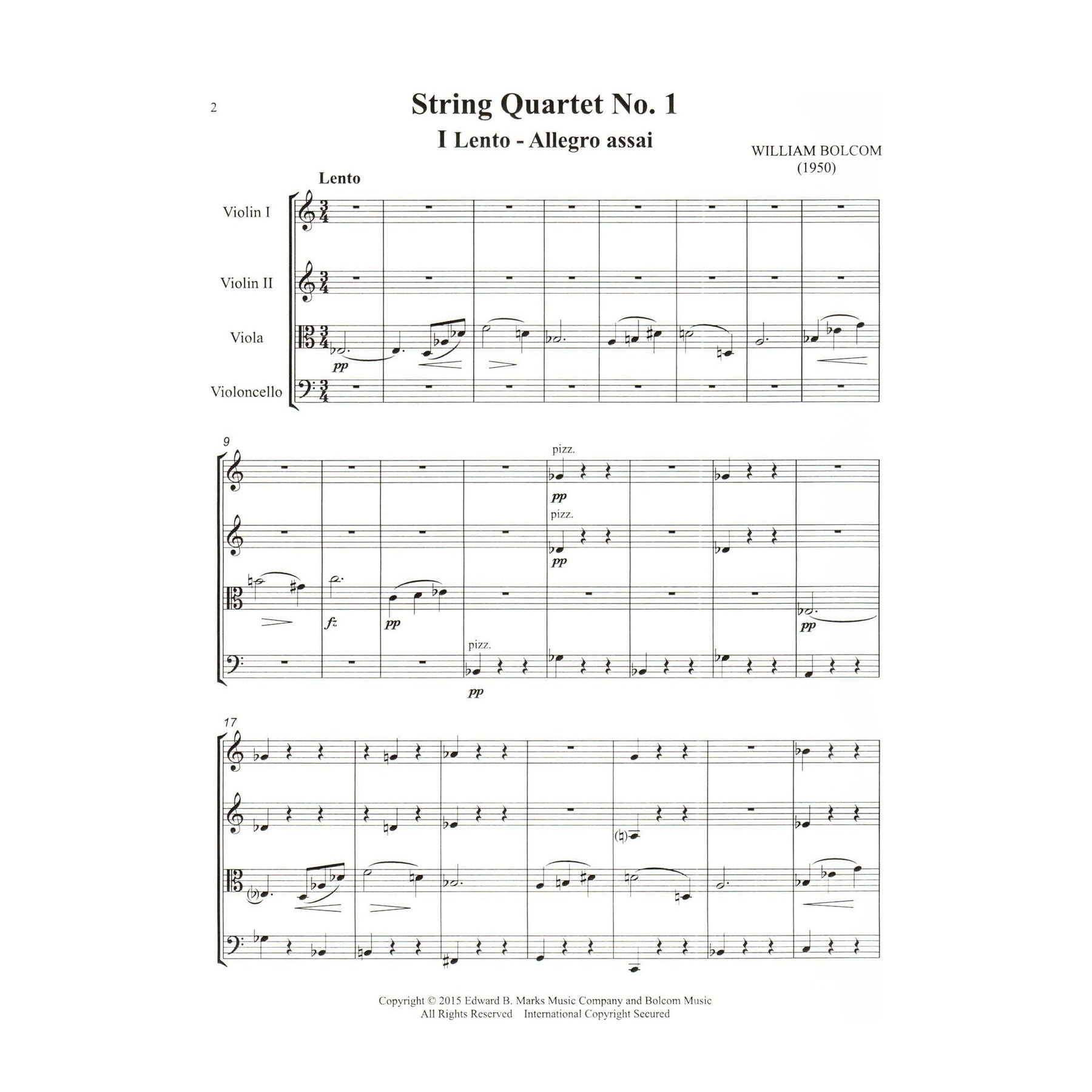 Bolcom, William - String Quartet No. 1 - Score and Parts - Edward B. Marks Music Company