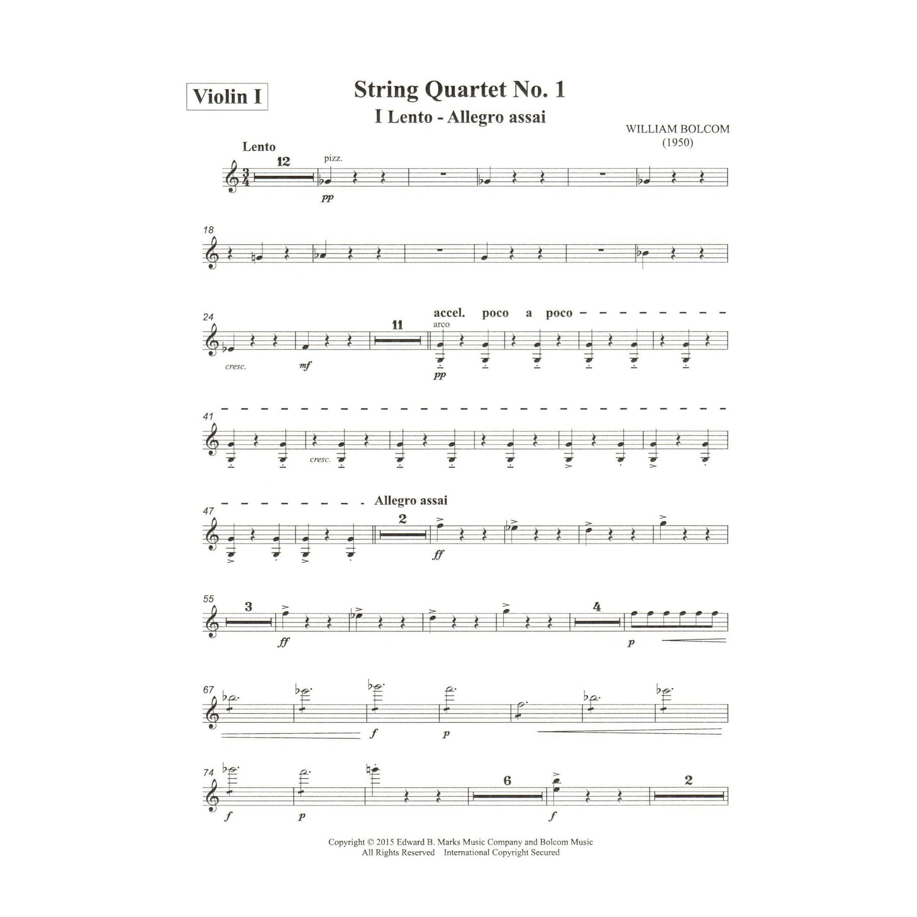 Bolcom, William - String Quartet No. 1 - Score and Parts - Edward B. Marks Music Company