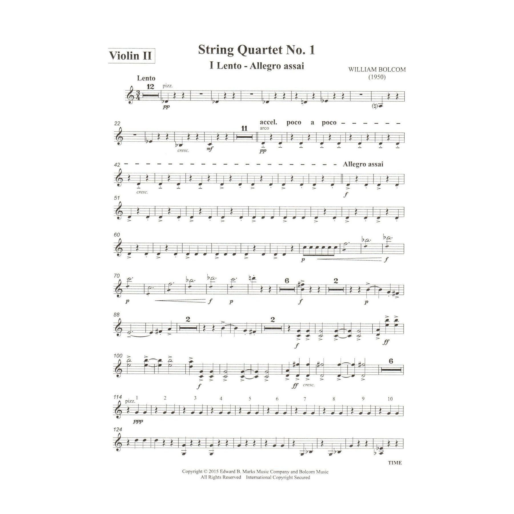 Bolcom, William - String Quartet No. 1 - Score and Parts - Edward B. Marks Music Company