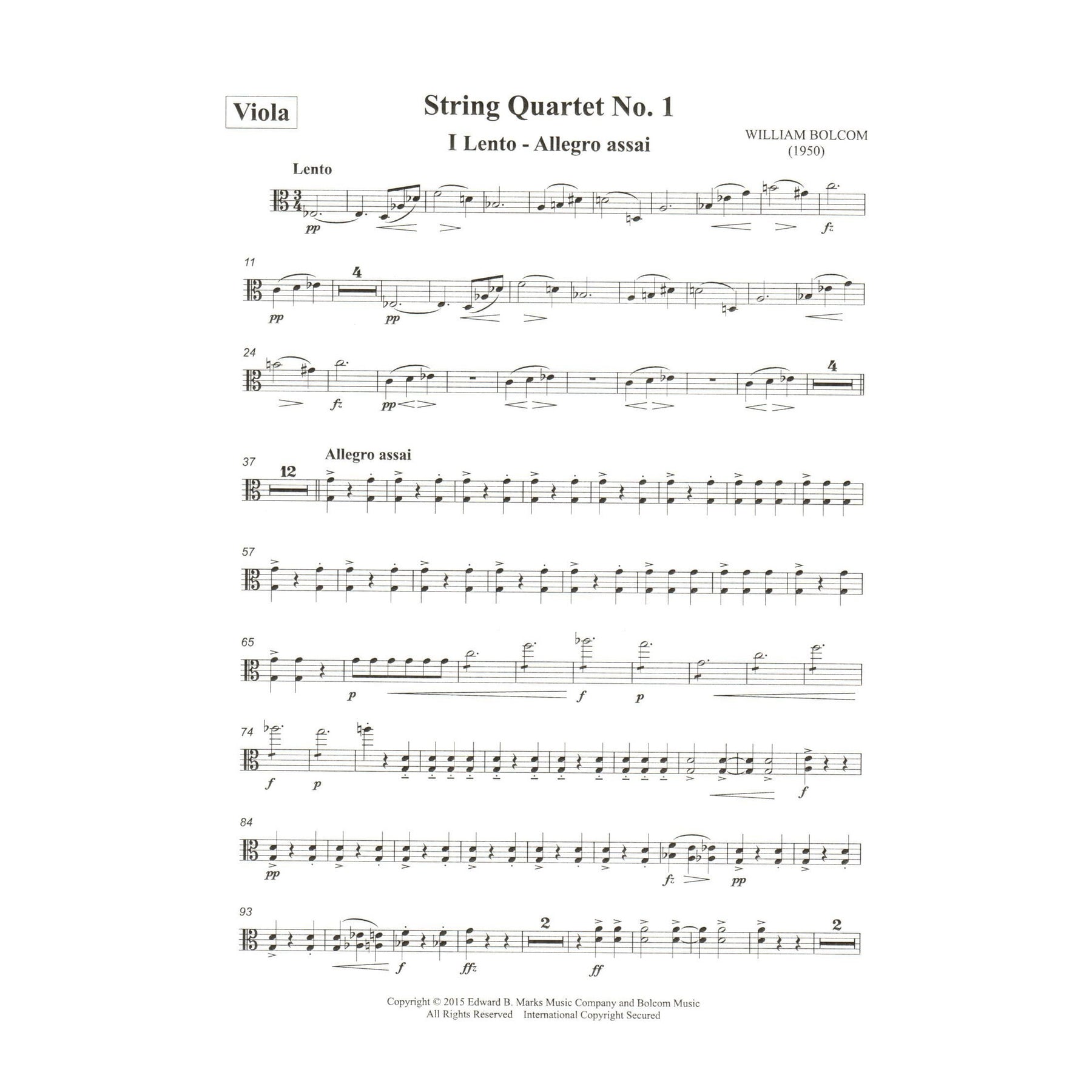 Bolcom, William - String Quartet No. 1 - Score and Parts - Edward B. Marks Music Company