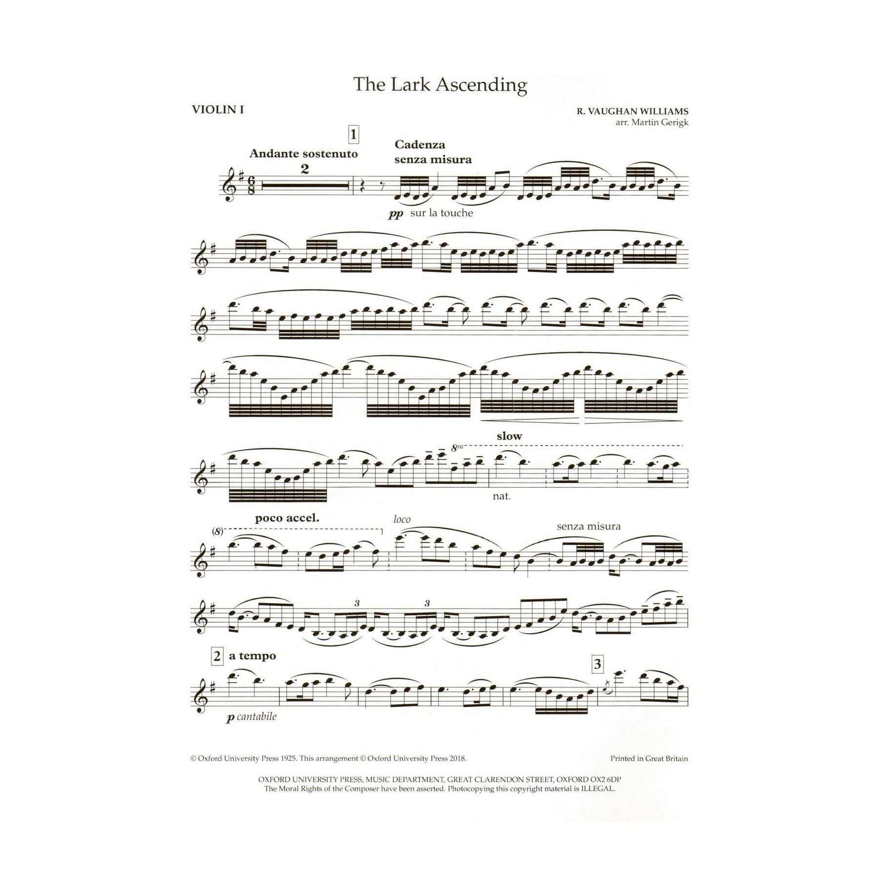 Vaughan Williams, R. - The Lark Ascending - for String Quartet (Parts Only) - arranged by Martin Gerigk - Oxford University Press