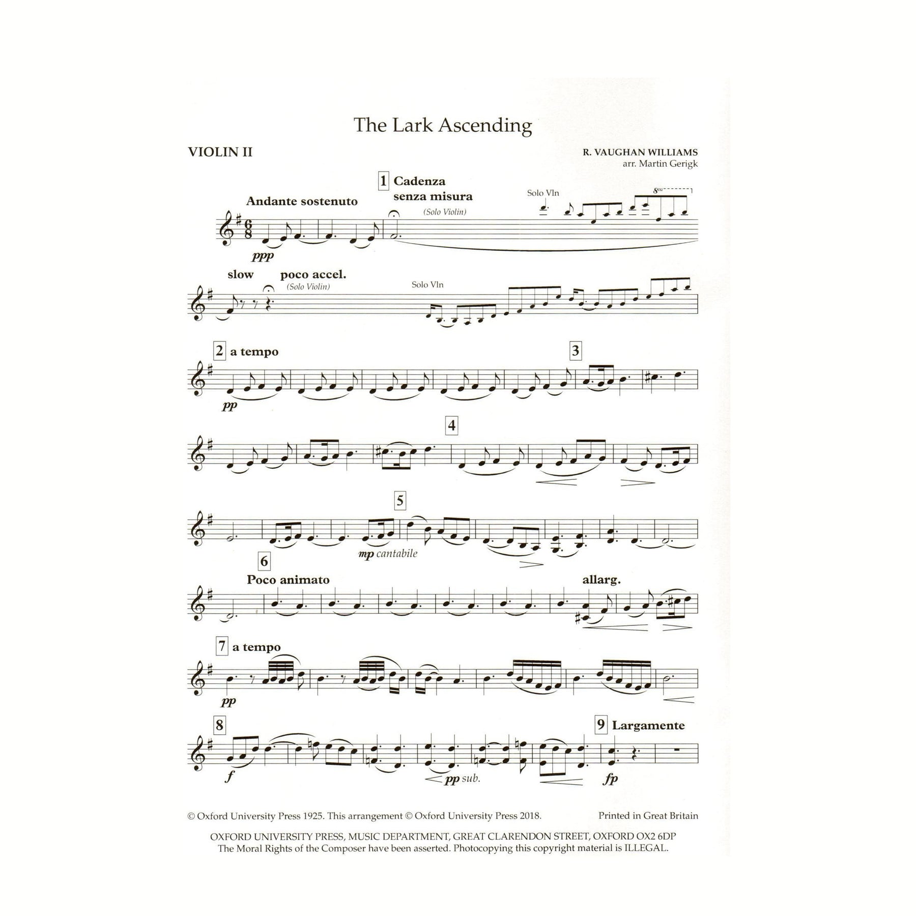 Vaughan Williams, R. - The Lark Ascending - for String Quartet (Parts Only) - arranged by Martin Gerigk - Oxford University Press