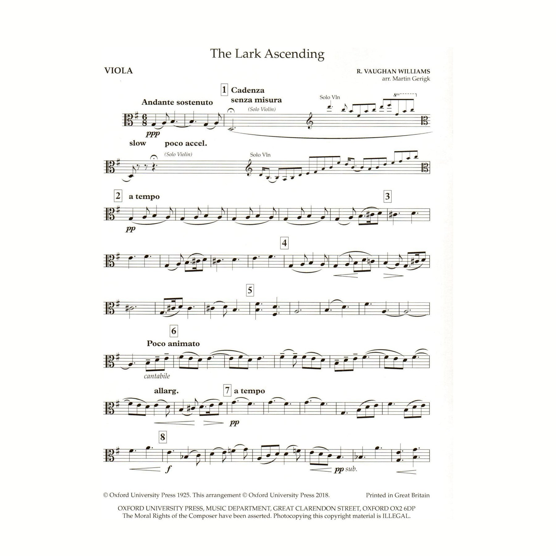 Vaughan Williams, R. - The Lark Ascending - for String Quartet (Parts Only) - arranged by Martin Gerigk - Oxford University Press